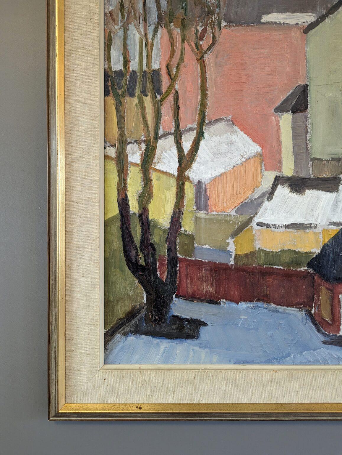 Pittura ad olio d'epoca con paesaggio urbano svedese della metà del secolo scorso - A. Winter Estate 3