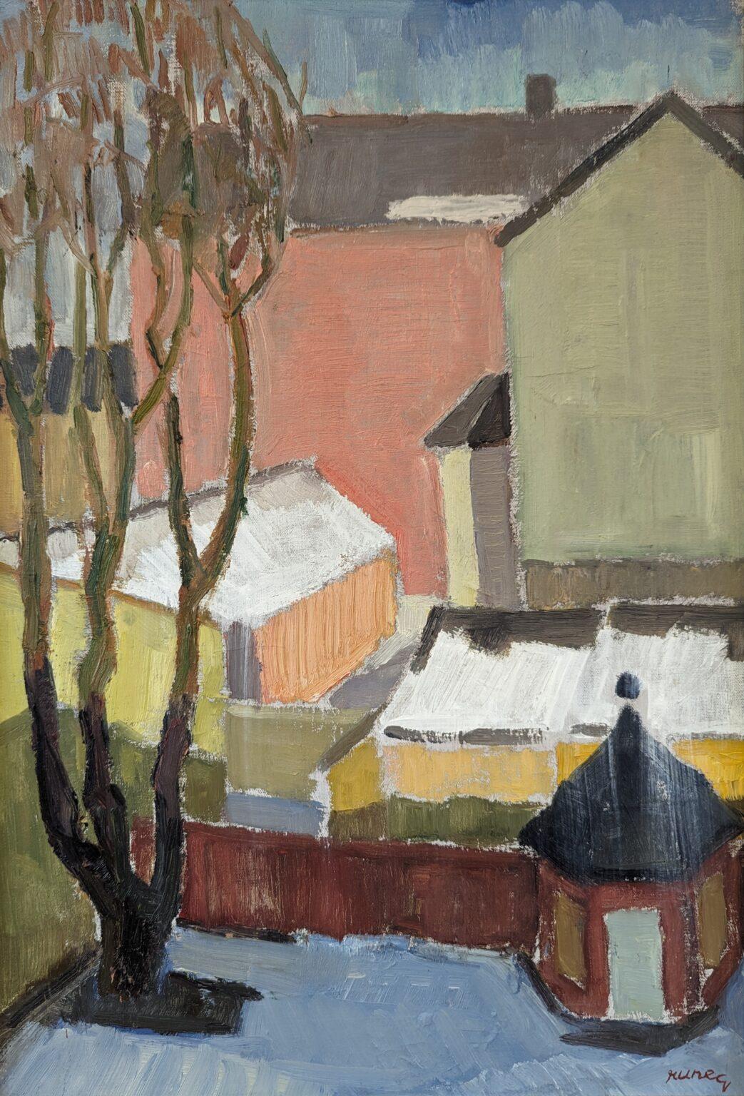 Pittura ad olio d'epoca con paesaggio urbano svedese della metà del secolo scorso - A. Winter Estate 4