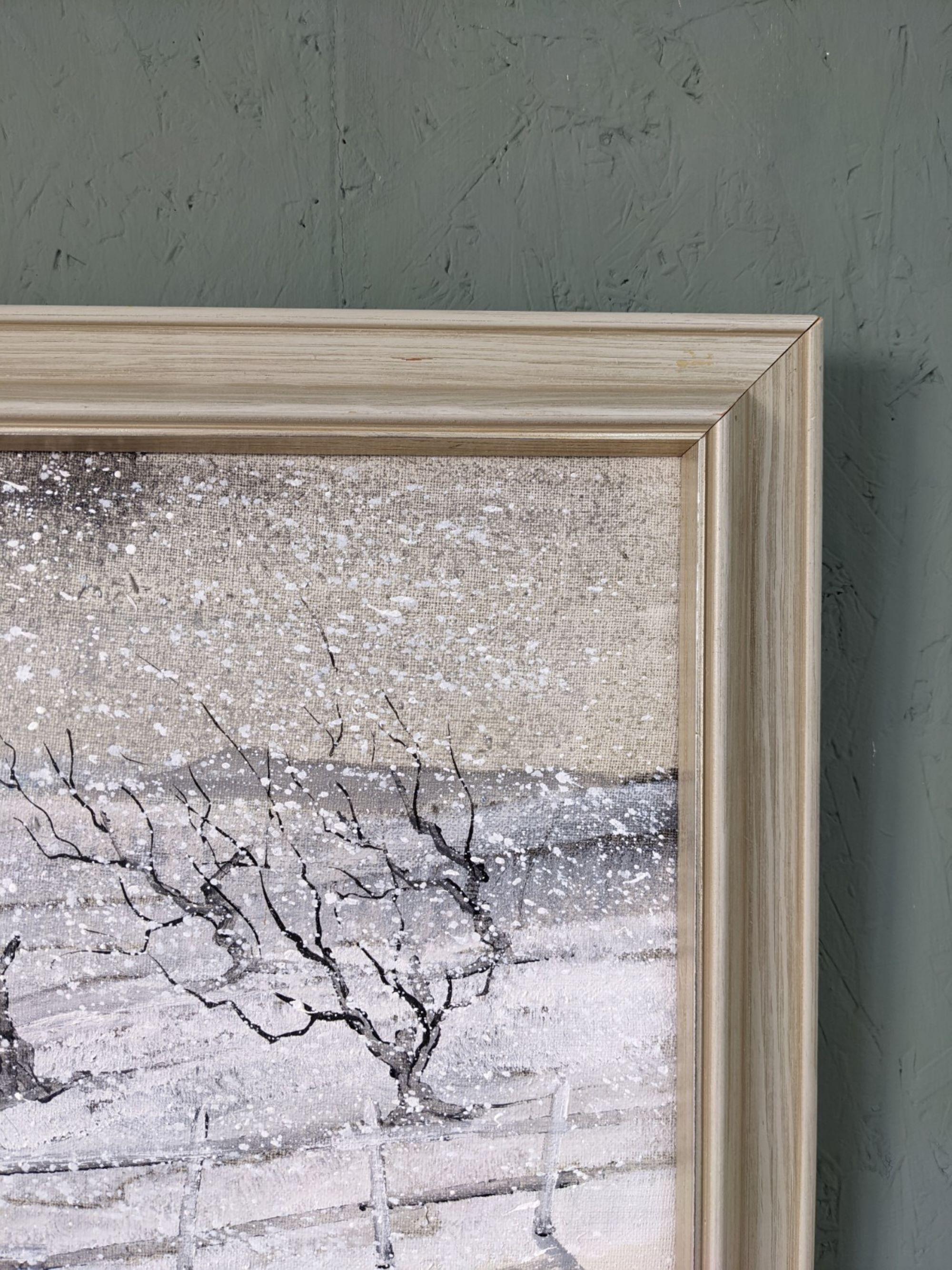 SNOWFALL
Size: 41.5 x 67 cm (including frame)
Oil on canvas

A beautifully detailed mid century winter snow landscape composition, executed in oil onto canvas.

A lone figure is depicted trudging on a pathway through a snow-filled landscape with