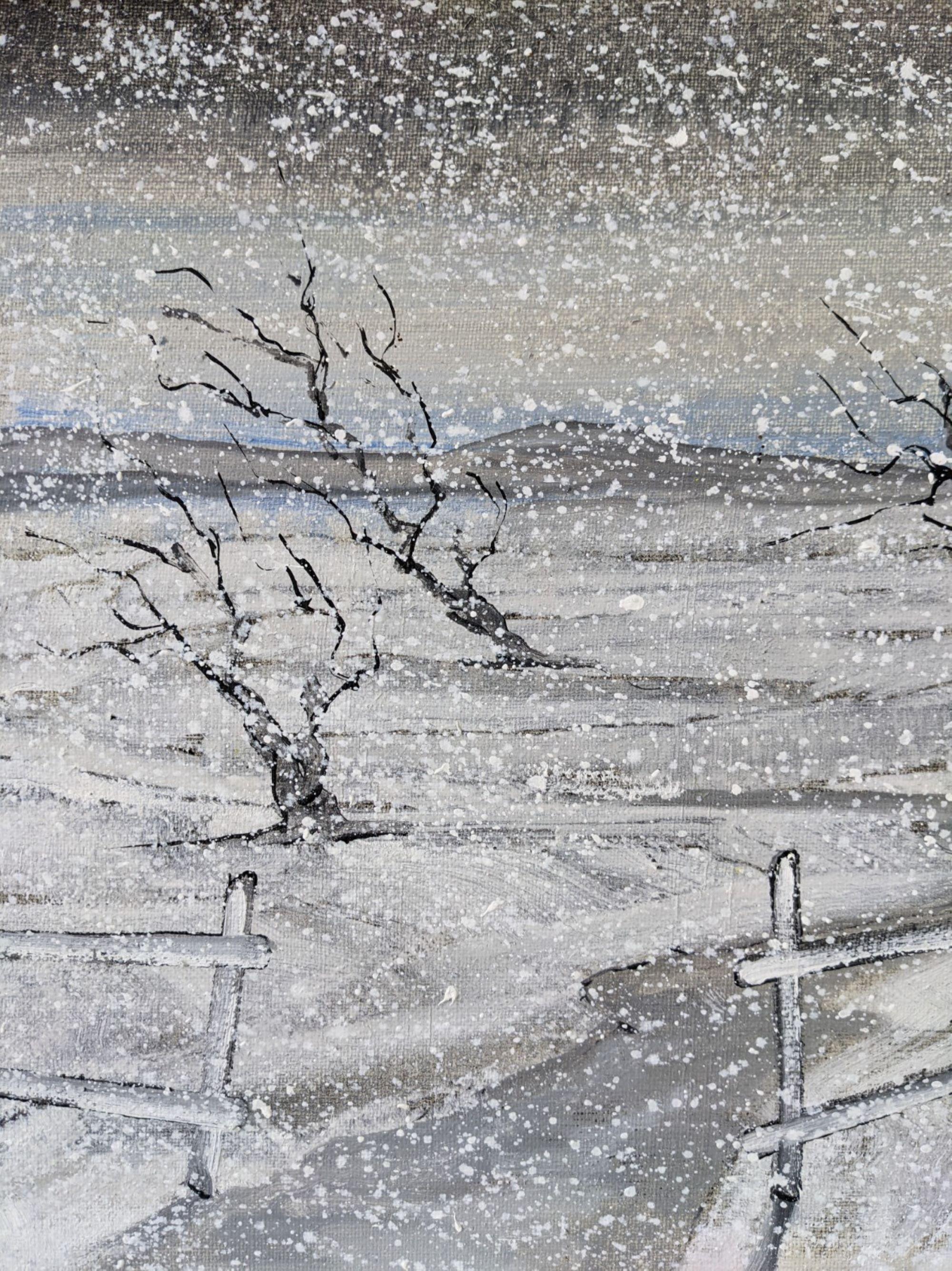 Vintage Mid-Century Modern Swedish Winter Landscape Oil Painting - Snowfall For Sale 2