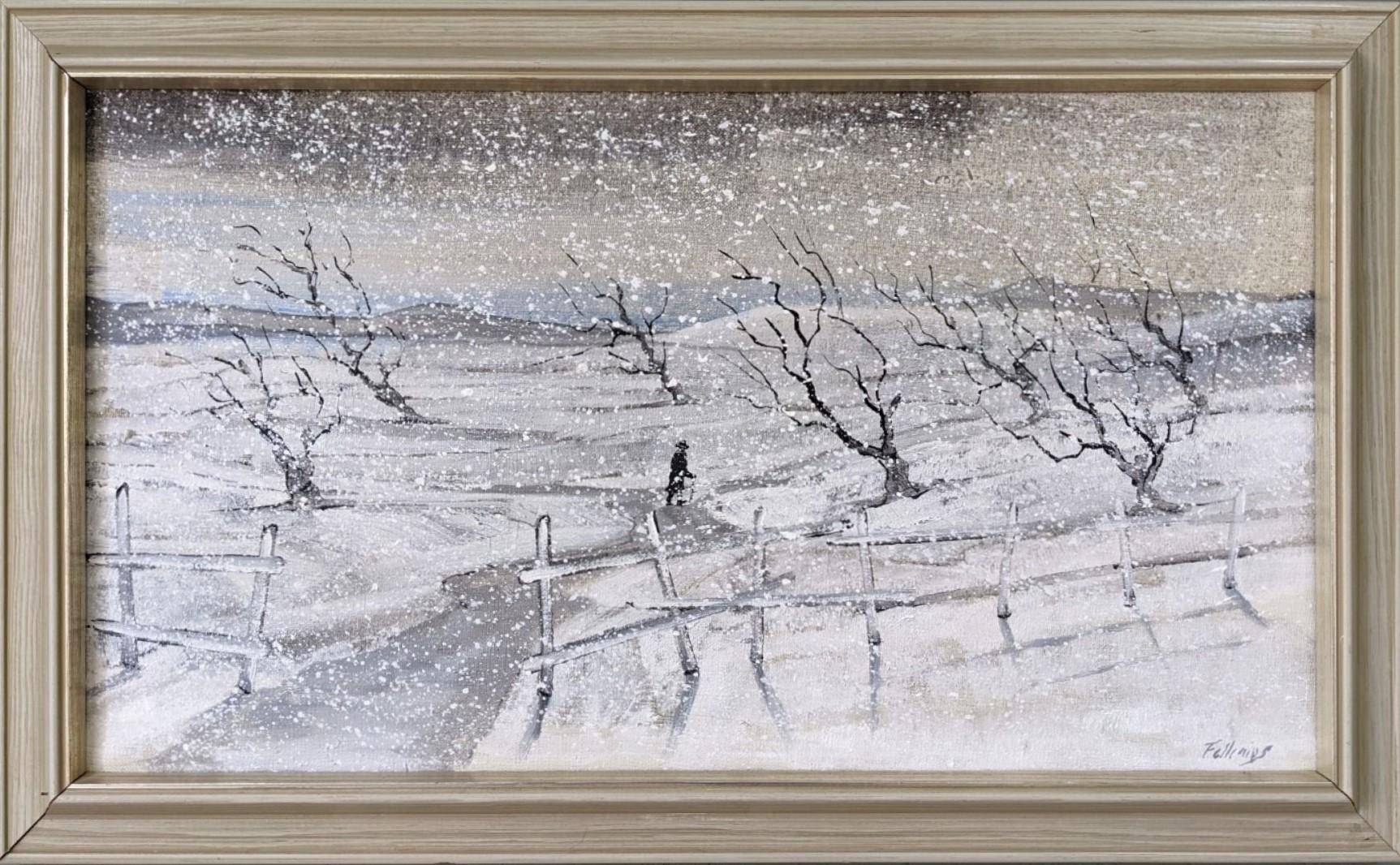 Unknown Landscape Painting - Vintage Mid-Century Modern Swedish Winter Landscape Oil Painting - Snowfall