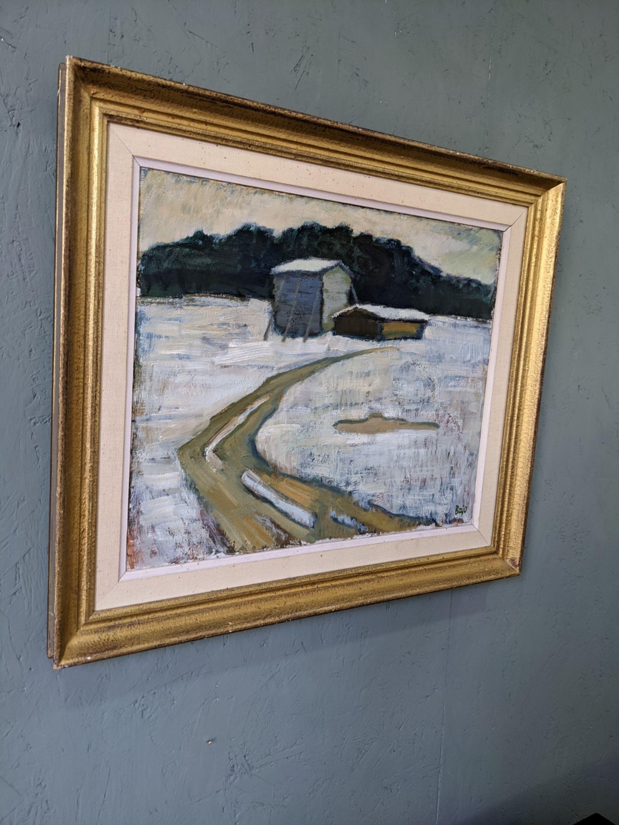 Vintage Mid-Century Modern Swedish Winter Landscape Oil Painting - The Path - Gray Landscape Painting by Unknown