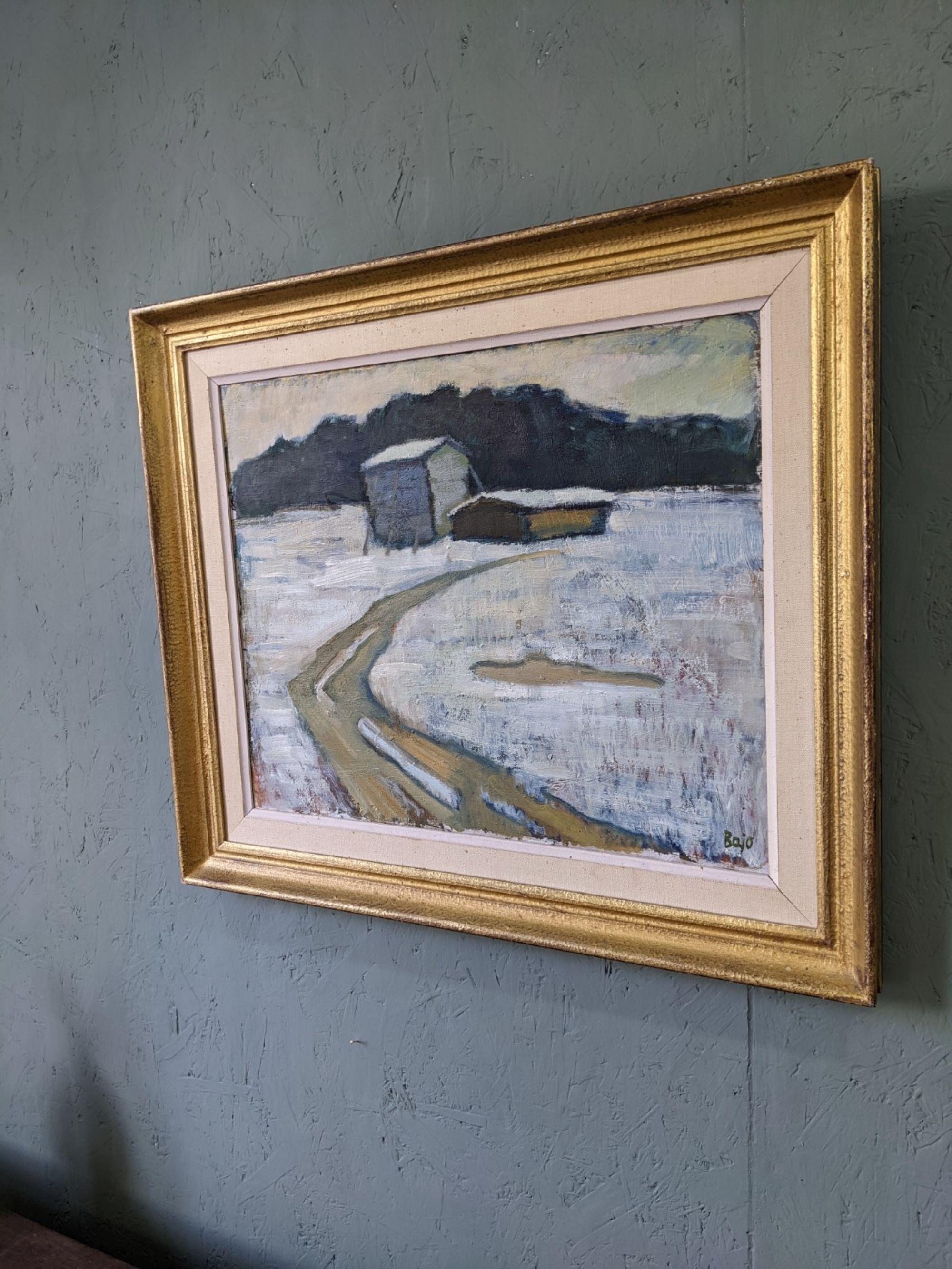 THE PATH
Size: 51 x 59 cm (including frame)
Oil on board

An expressive mid 20th century modernist landscape oil painting depicting a beaten path that leads up to 2 huts. Surrounding it is a snow-covered field and with lush forest greenery in the