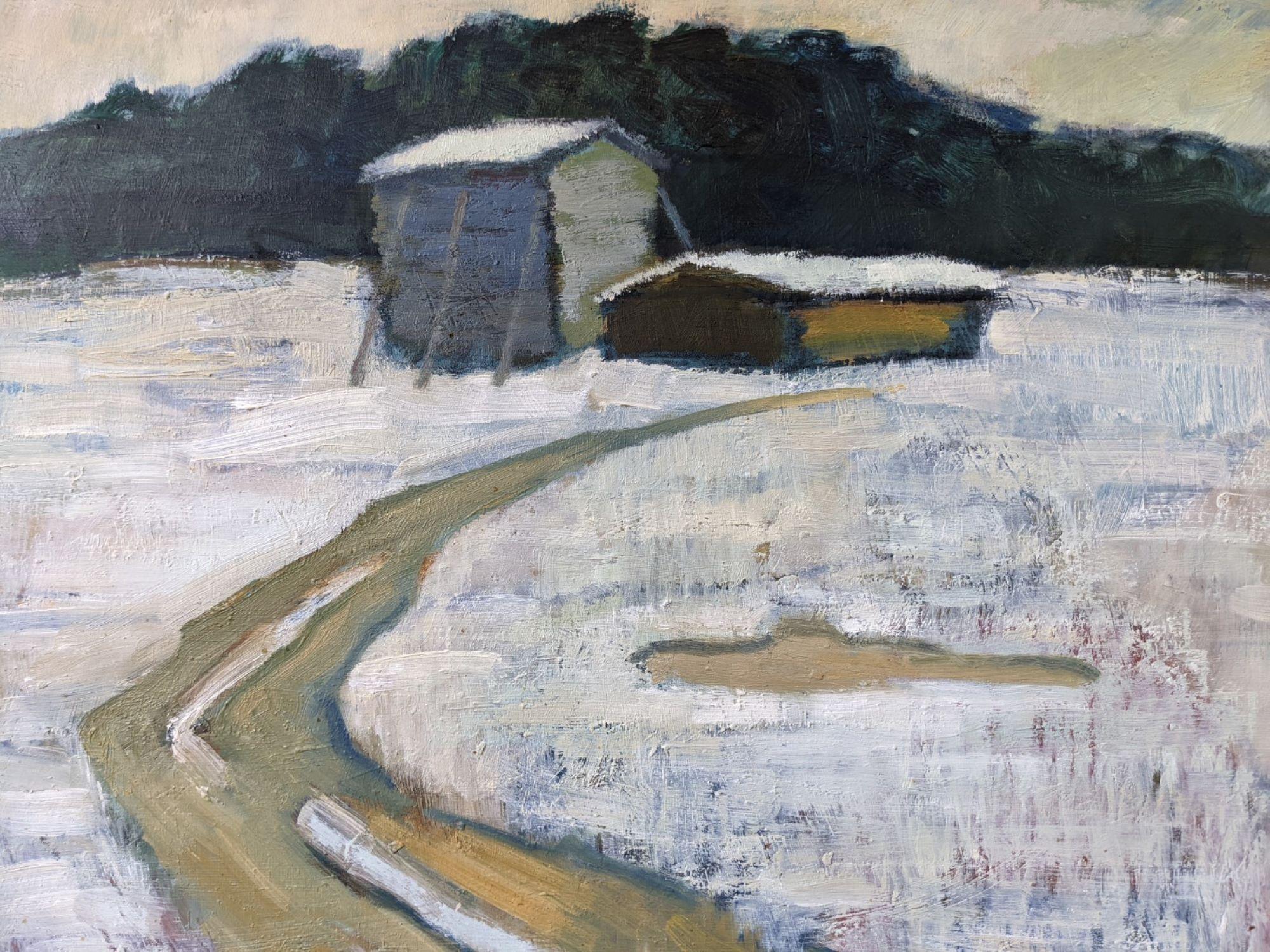Vintage Mid-Century Modern Swedish Winter Landscape Oil Painting - The Path 1