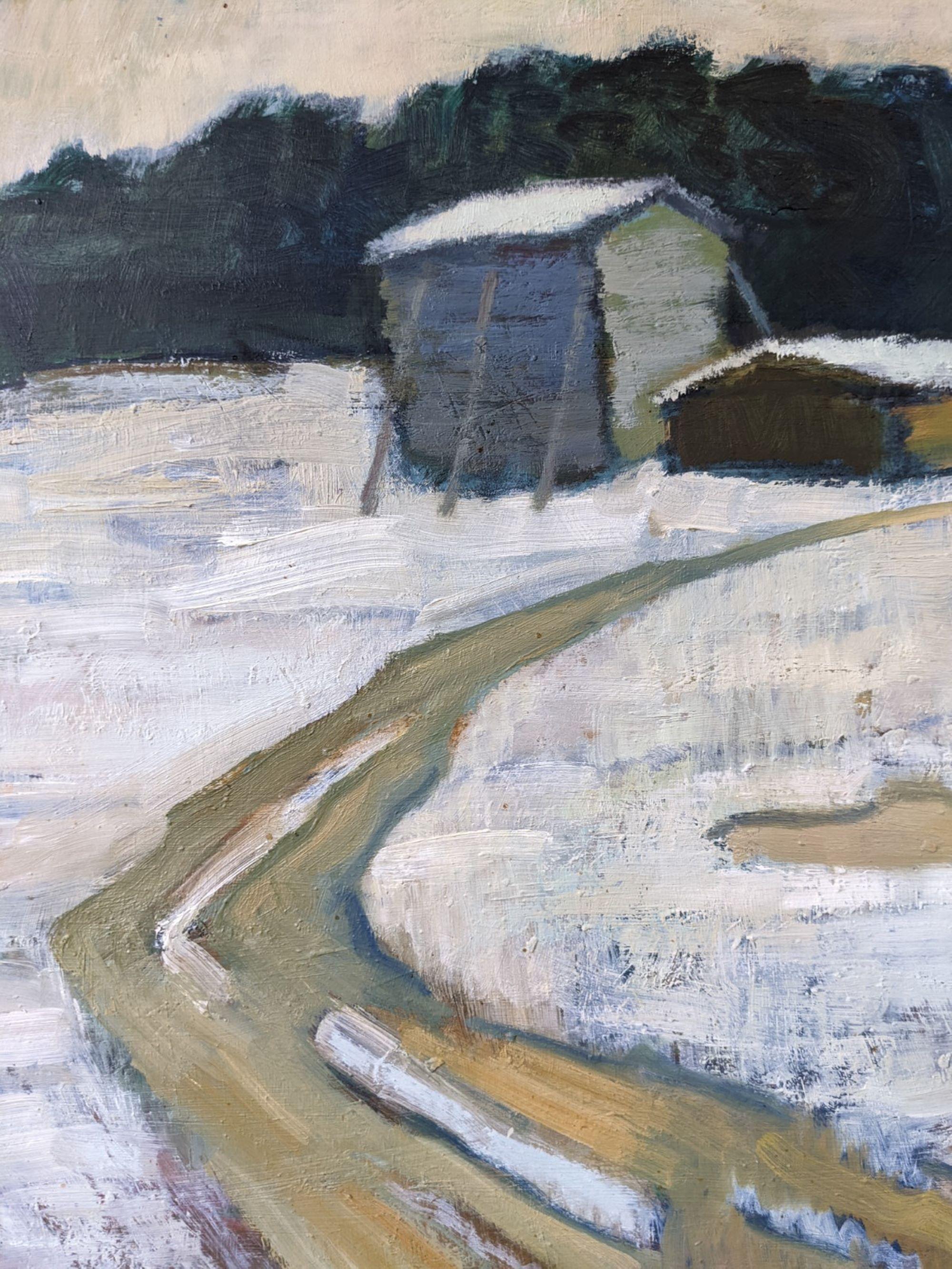 Vintage Mid-Century Modern Swedish Winter Landscape Oil Painting - The Path 2