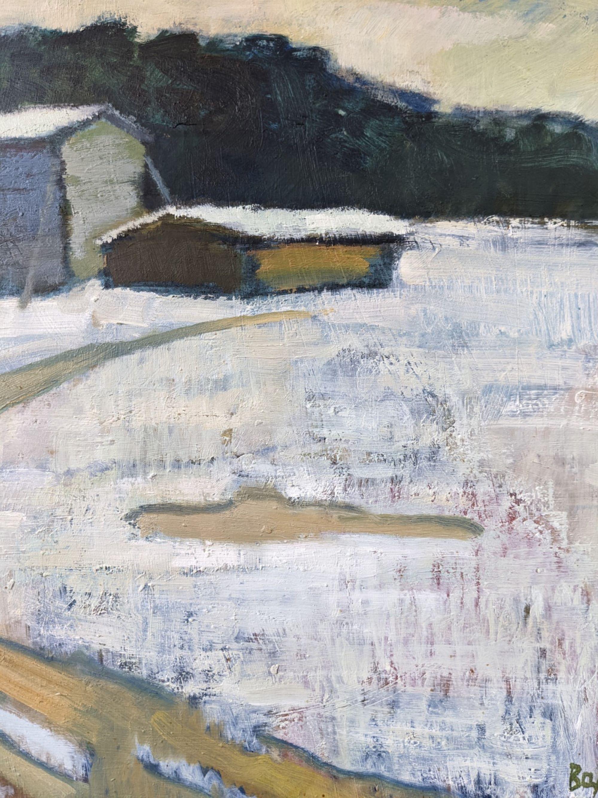 Vintage Mid-Century Modern Swedish Winter Landscape Oil Painting - The Path 3