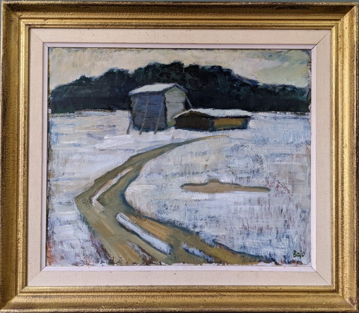 Unknown Landscape Painting - Vintage Mid-Century Modern Swedish Winter Landscape Oil Painting - The Path