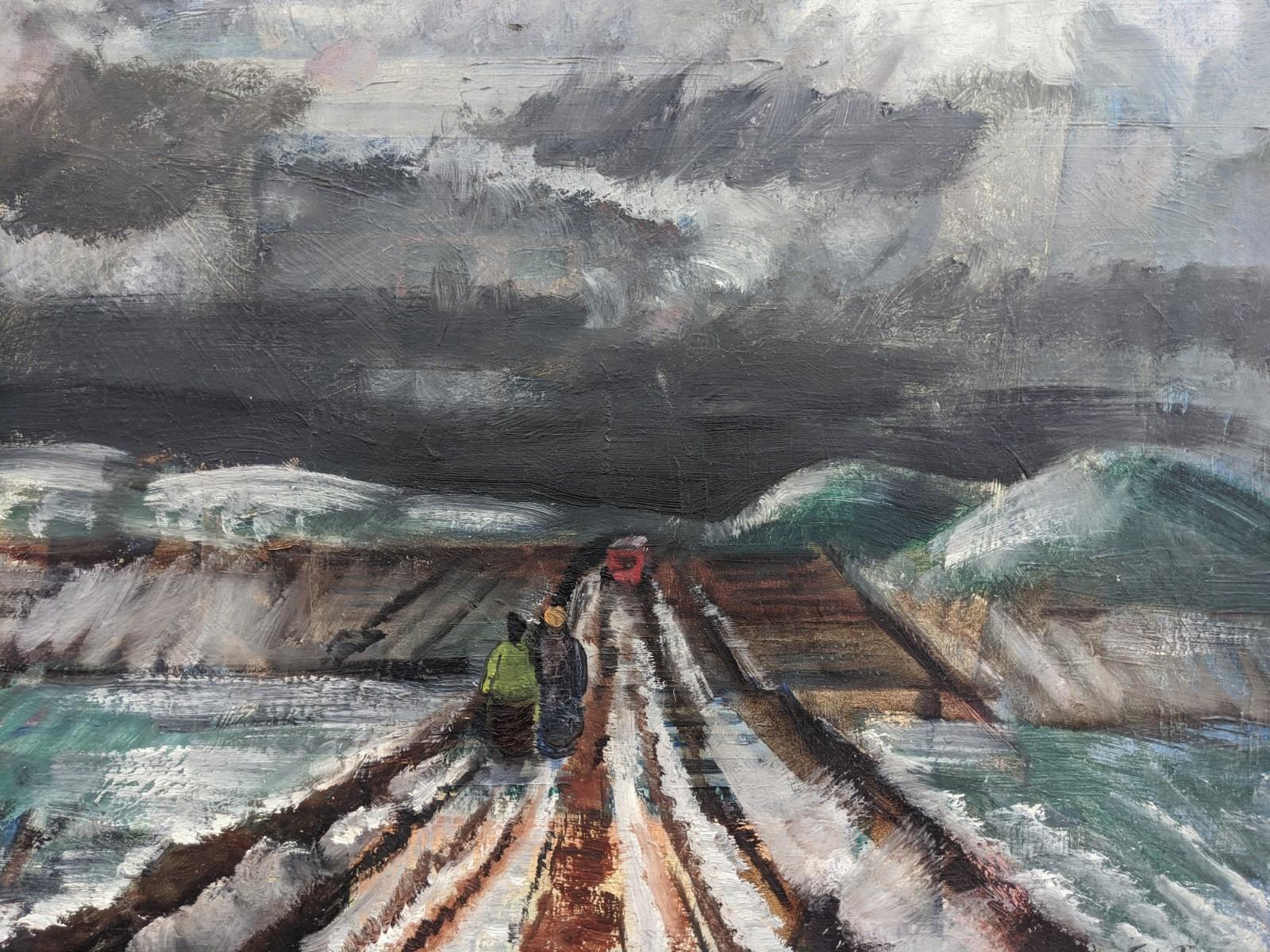 THE LONG ROAD
Size: 52 x 60cm (including frame)
Oil on Canvas

A wonderfully executed sombre oil painting depicting two figures walking down a long open road, dated 1938.

The canvas is filled with expressive brushstrokes that have been executed