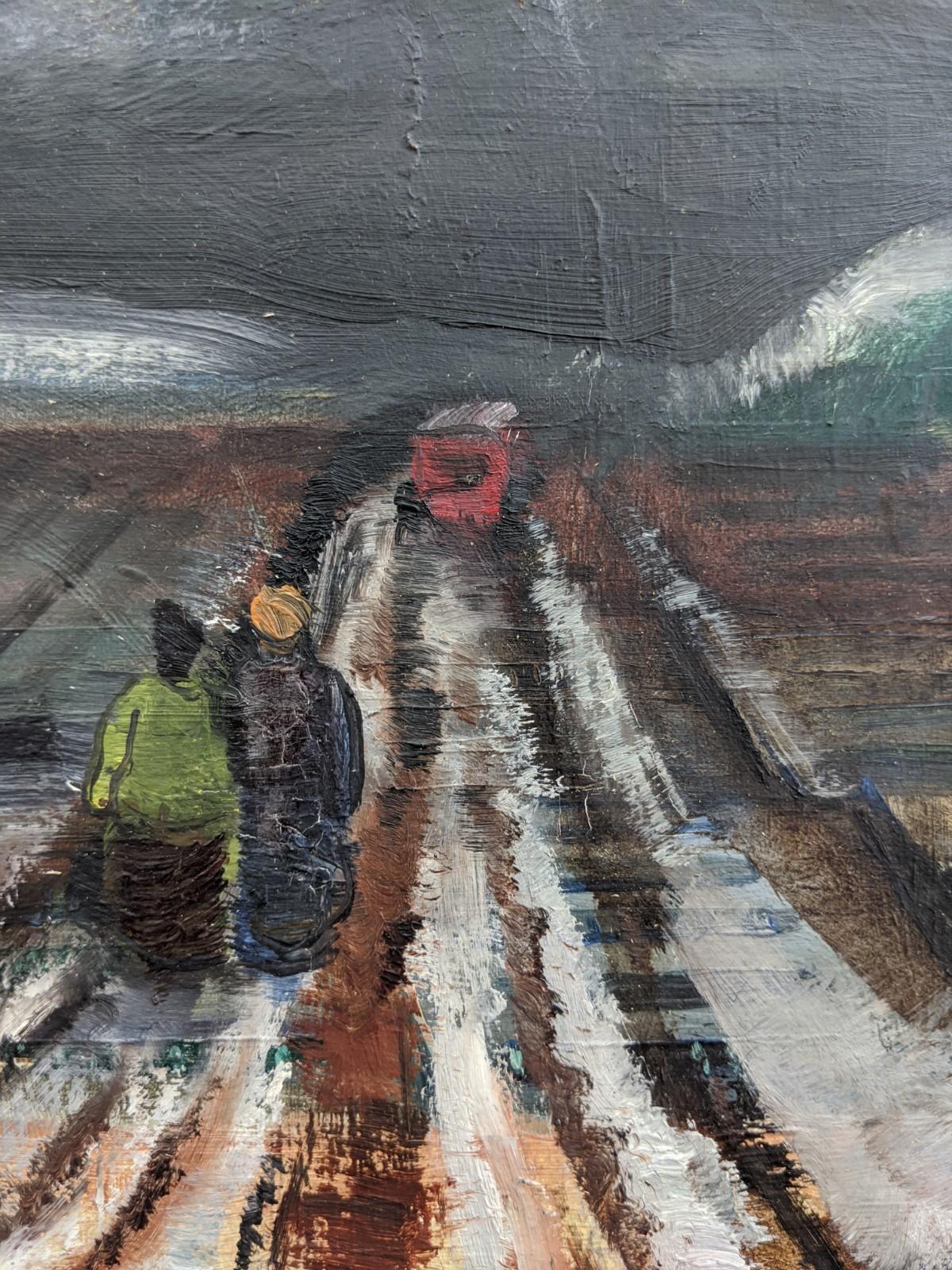 Vintage Mid Century Modern Winter Landscape Framed Oil Painting - The Long Road (La lunga strada) 2