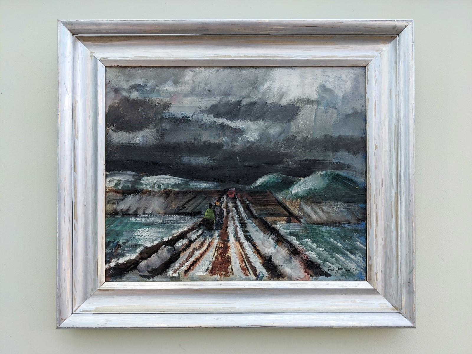Unknown Landscape Painting - Vintage Mid Century Modern Winter Landscape Framed Oil Painting - The Long Road