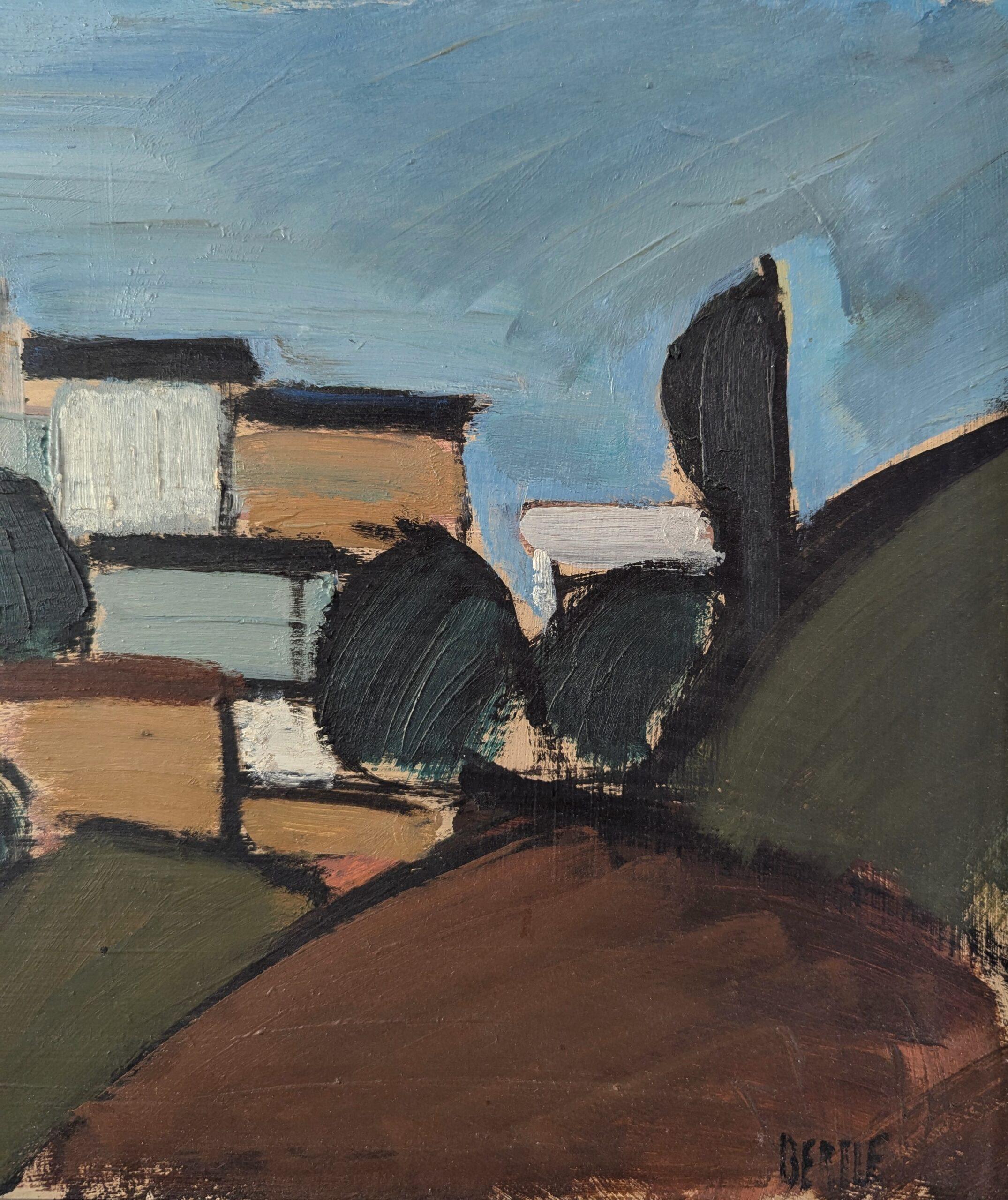 Vintage Mid-Century Modernist Abstract Landscape Oil Painting - Nestled Village (Paesaggio astratto di metà secolo) 7