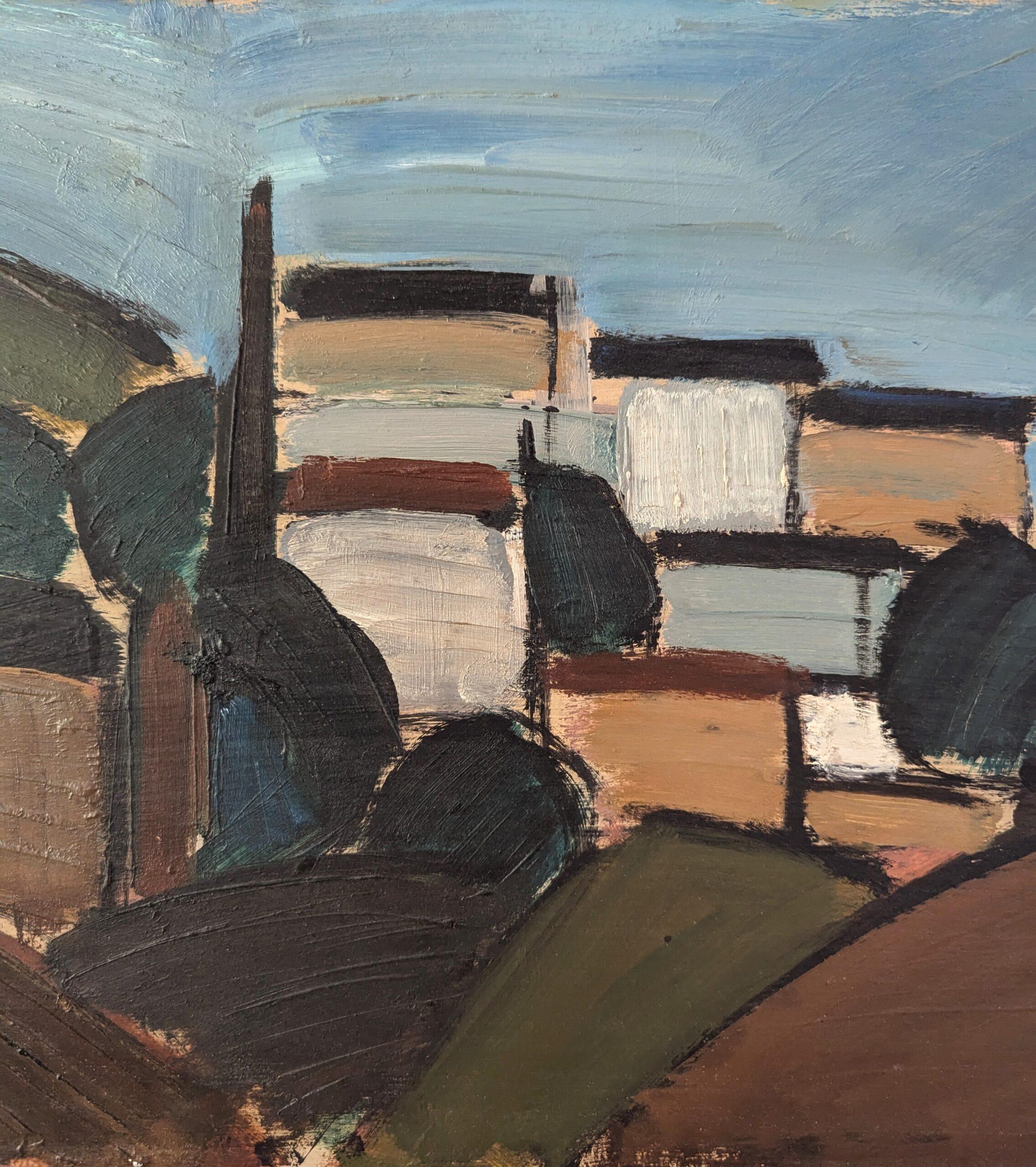 Vintage Mid-Century Modernist Abstract Landscape Oil Painting - Nestled Village (Paesaggio astratto di metà secolo) 8