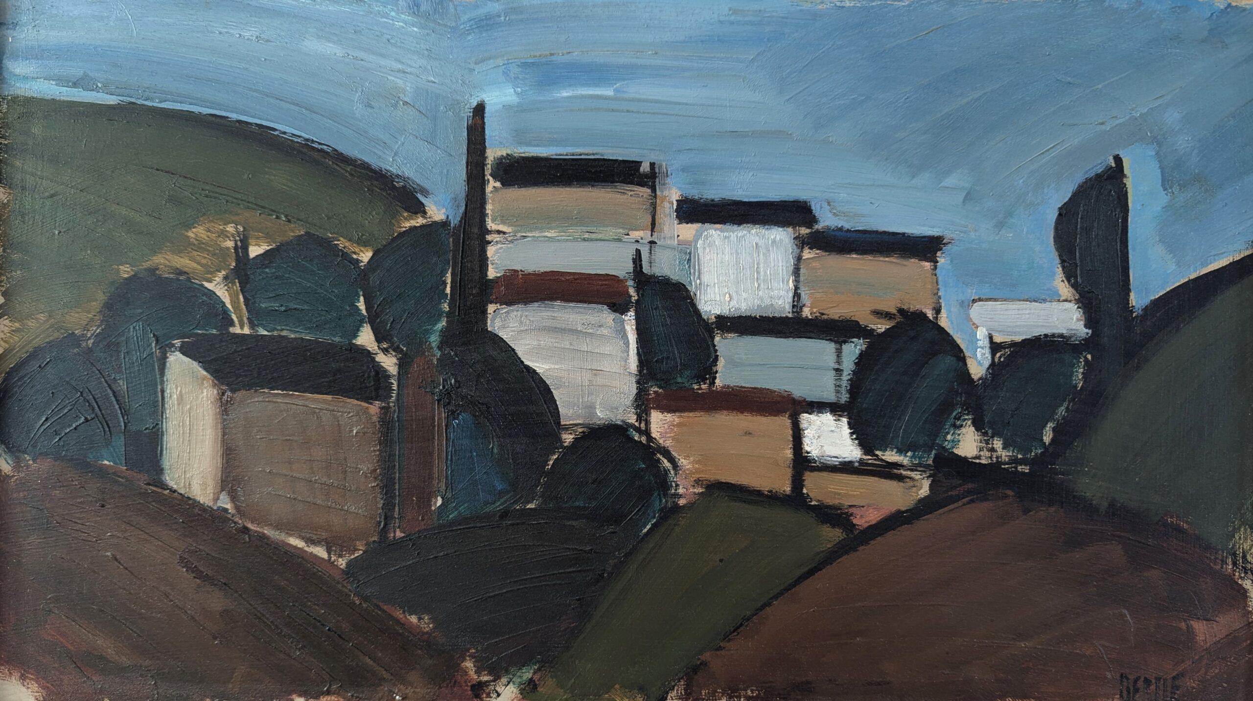 Vintage Mid-Century Modernist Abstract Landscape Oil Painting - Nestled Village (Paesaggio astratto di metà secolo) 9