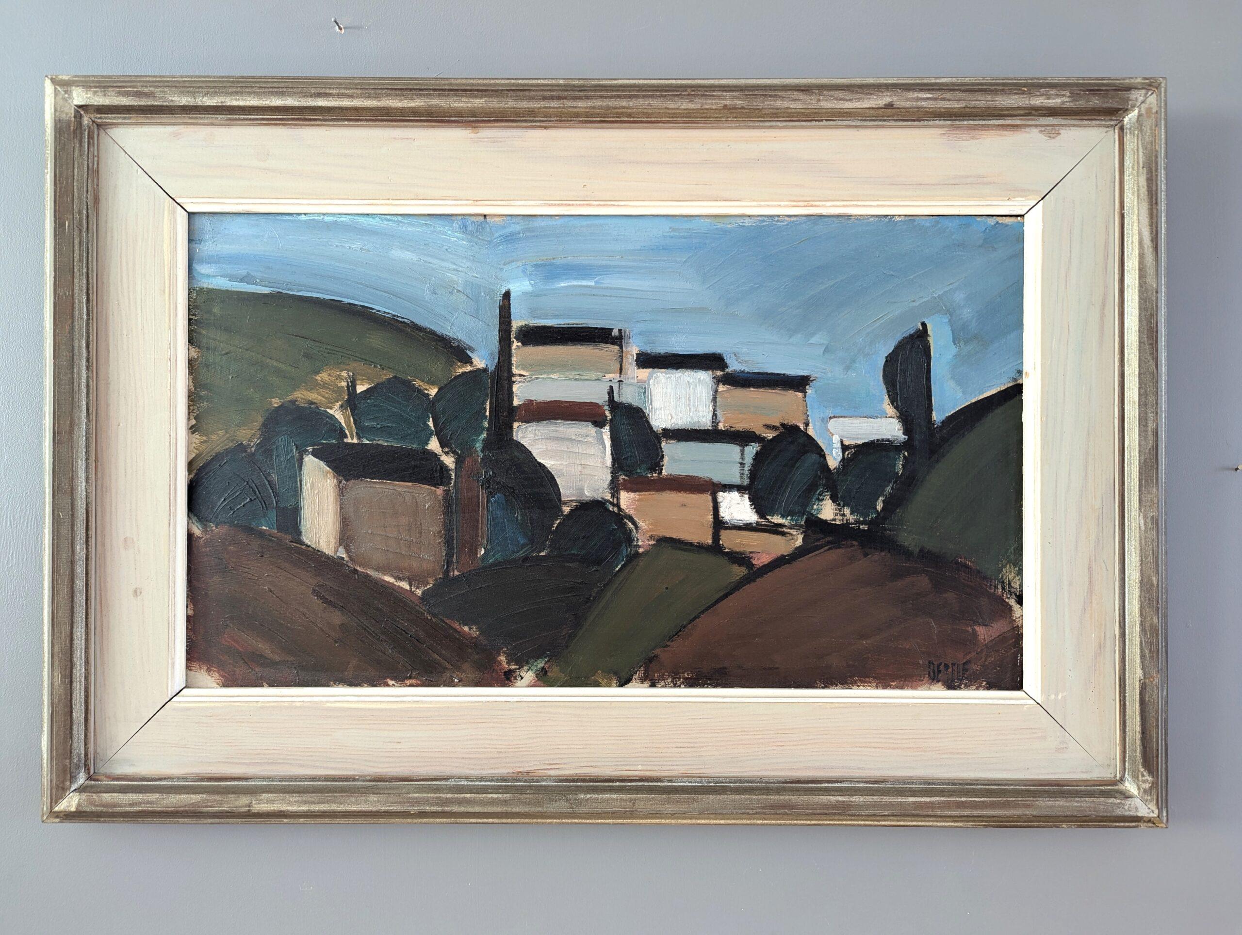 Vintage Mid-Century Modernist Abstract Landscape Oil Painting - Nestled Village (Paesaggio astratto di metà secolo) - Landscape Painting Grigio di Unknown