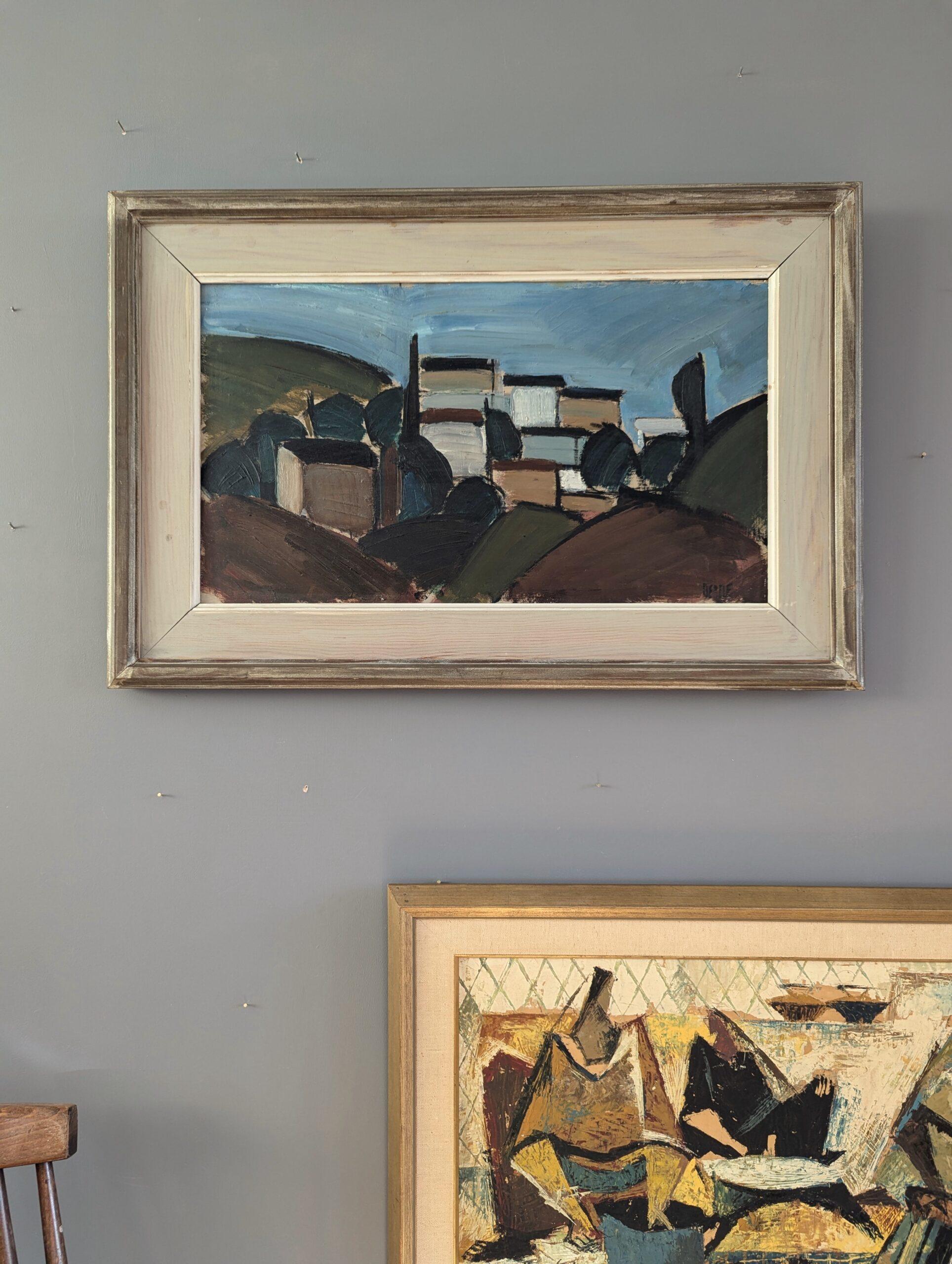 Vintage Mid-Century Modernist Abstract Landscape Oil Painting - Nestled Village (Paesaggio astratto di metà secolo) 1