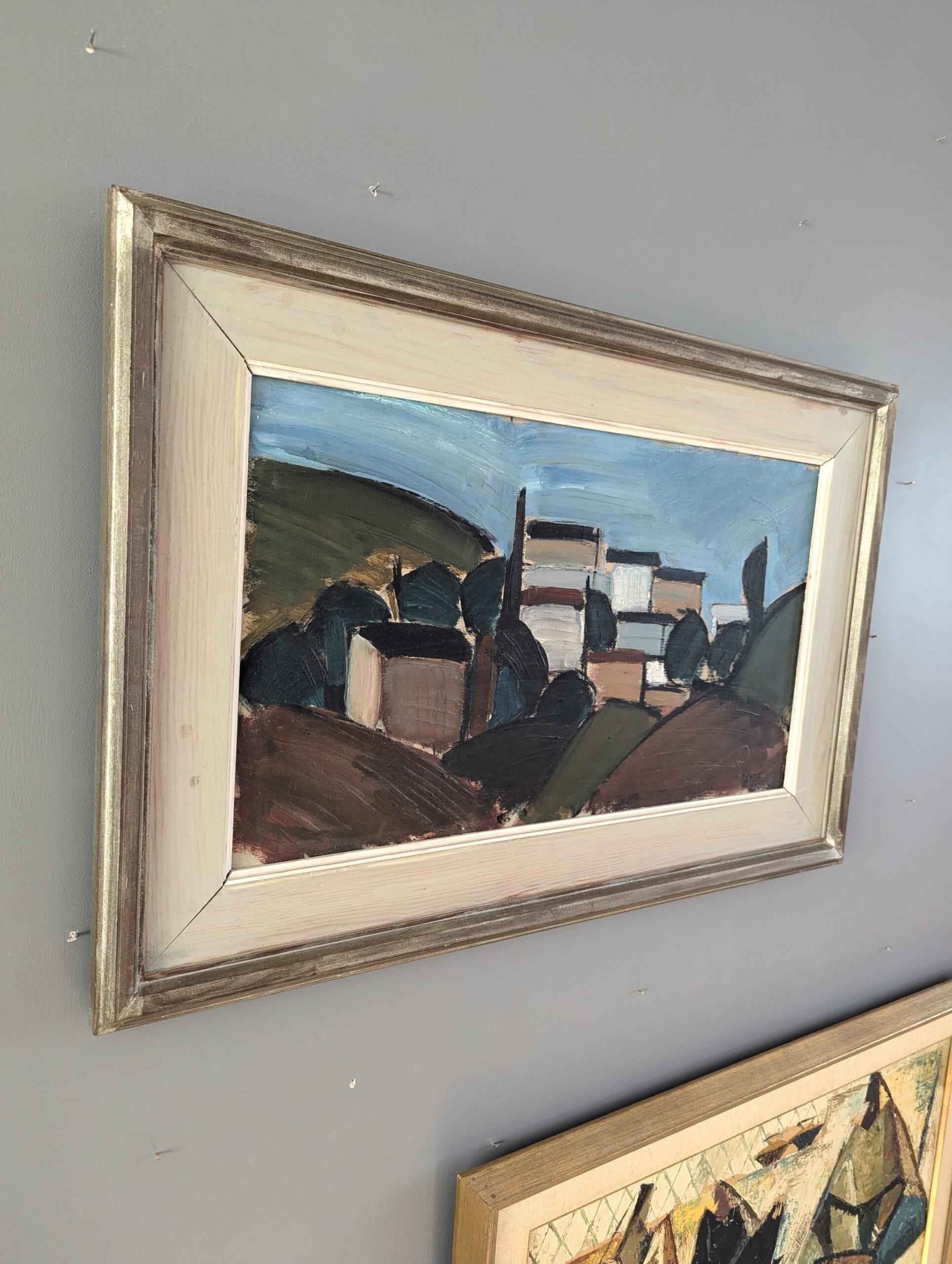 Vintage Mid-Century Modernist Abstract Landscape Oil Painting - Nestled Village (Paesaggio astratto di metà secolo) 2