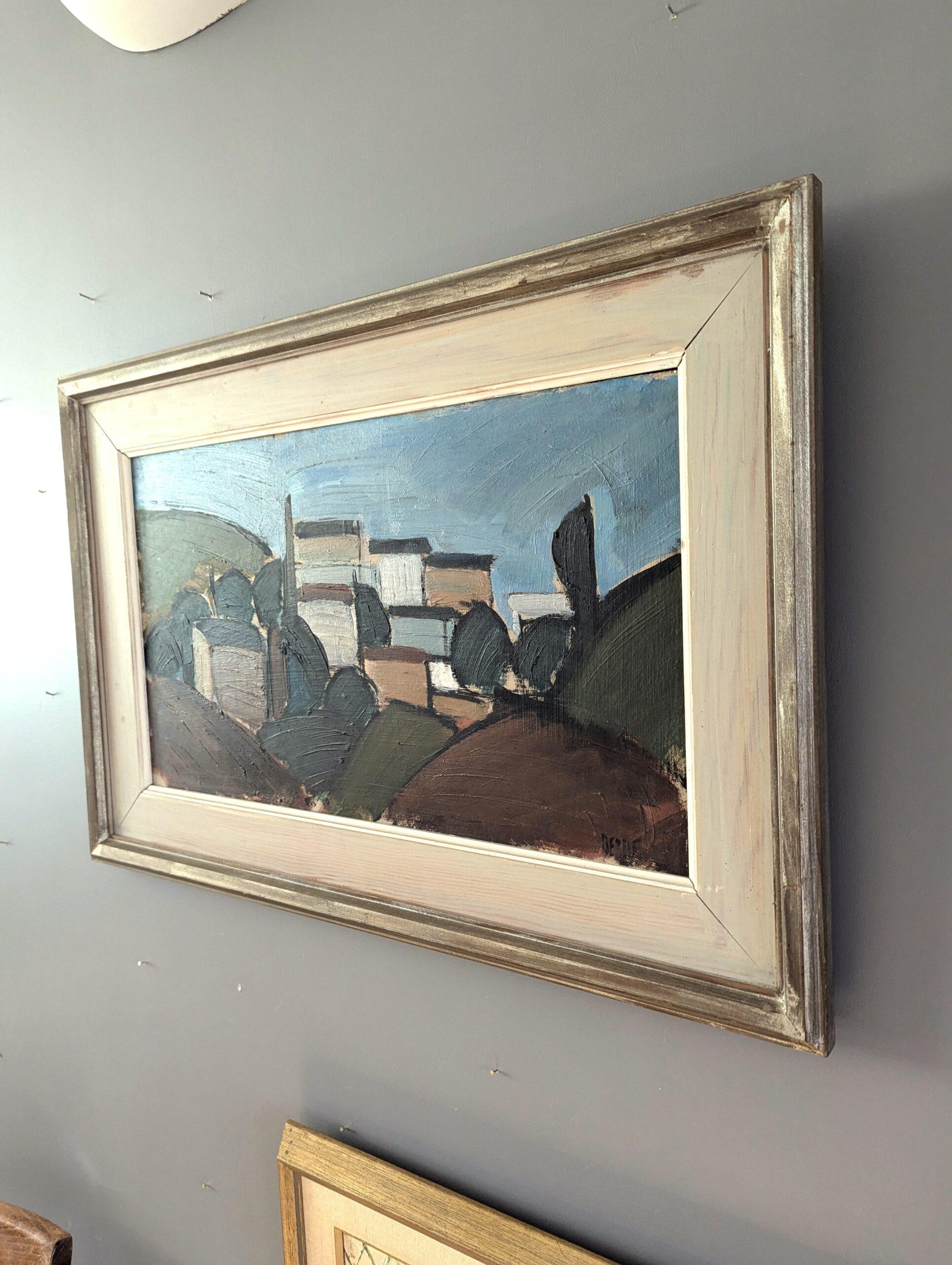 Vintage Mid-Century Modernist Abstract Landscape Oil Painting - Nestled Village (Paesaggio astratto di metà secolo) 3