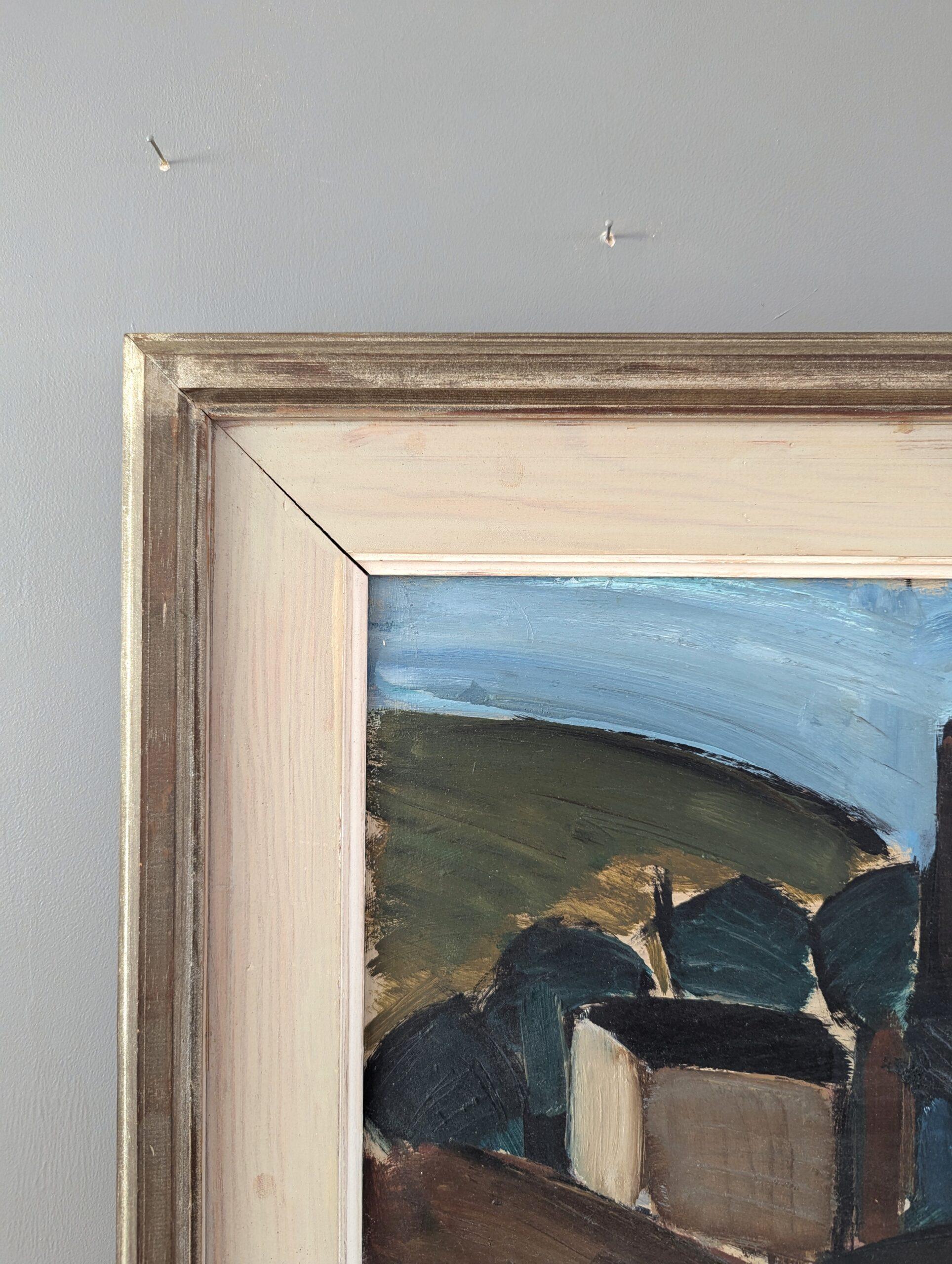 Vintage Mid-Century Modernist Abstract Landscape Oil Painting - Nestled Village (Paesaggio astratto di metà secolo) 4