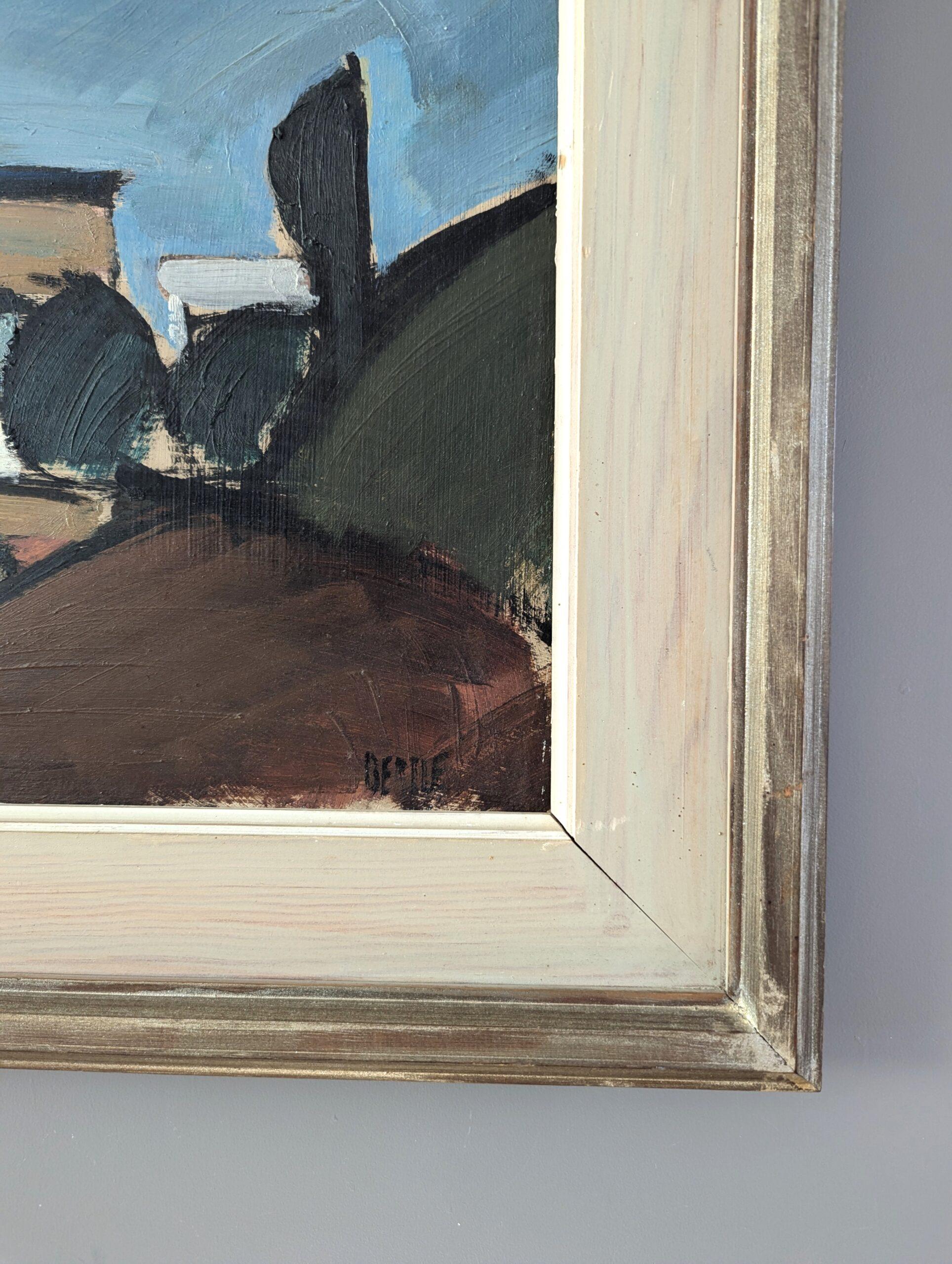 Vintage Mid-Century Modernist Abstract Landscape Oil Painting - Nestled Village (Paesaggio astratto di metà secolo) 5