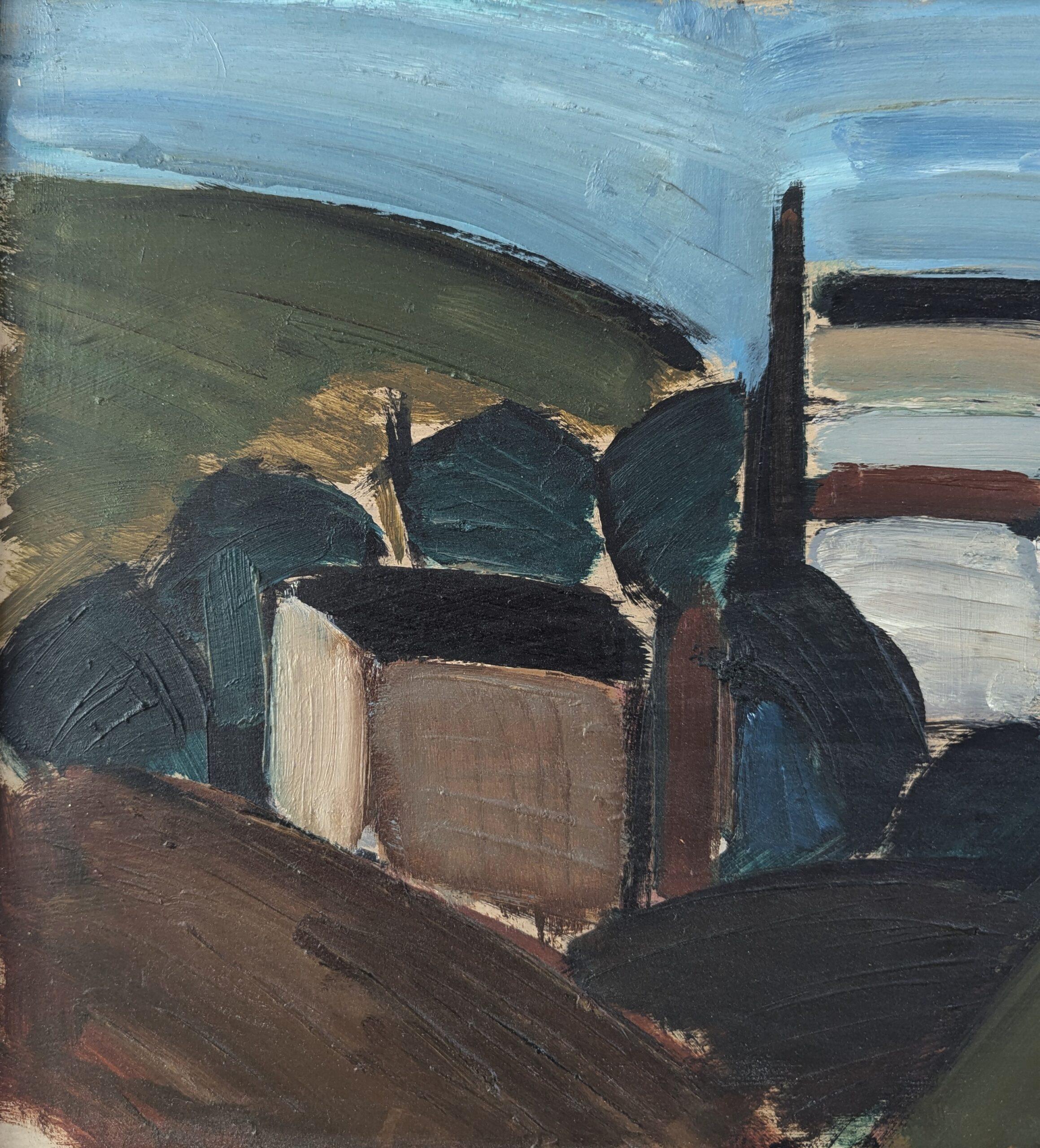 Vintage Mid-Century Modernist Abstract Landscape Oil Painting - Nestled Village (Paesaggio astratto di metà secolo) 6