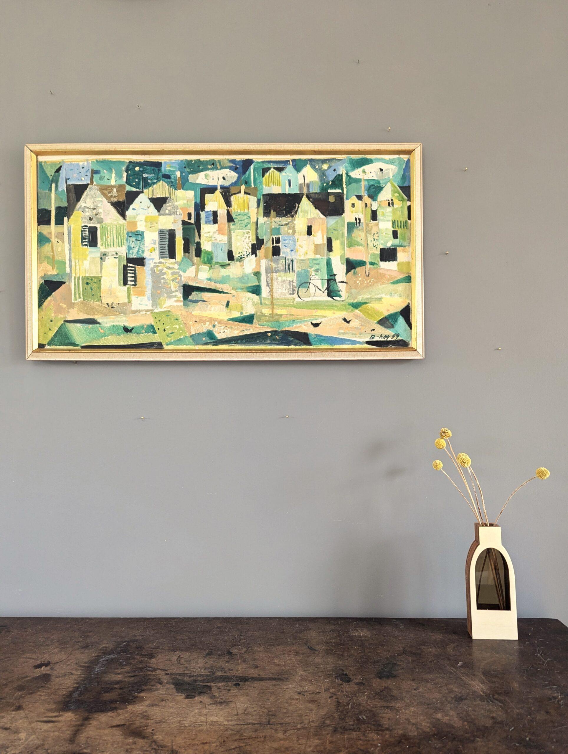 Pintura al óleo vintage modernista de mediados de siglo sobre un paisaje urbano - Barrio geométrico - Painting de Unknown