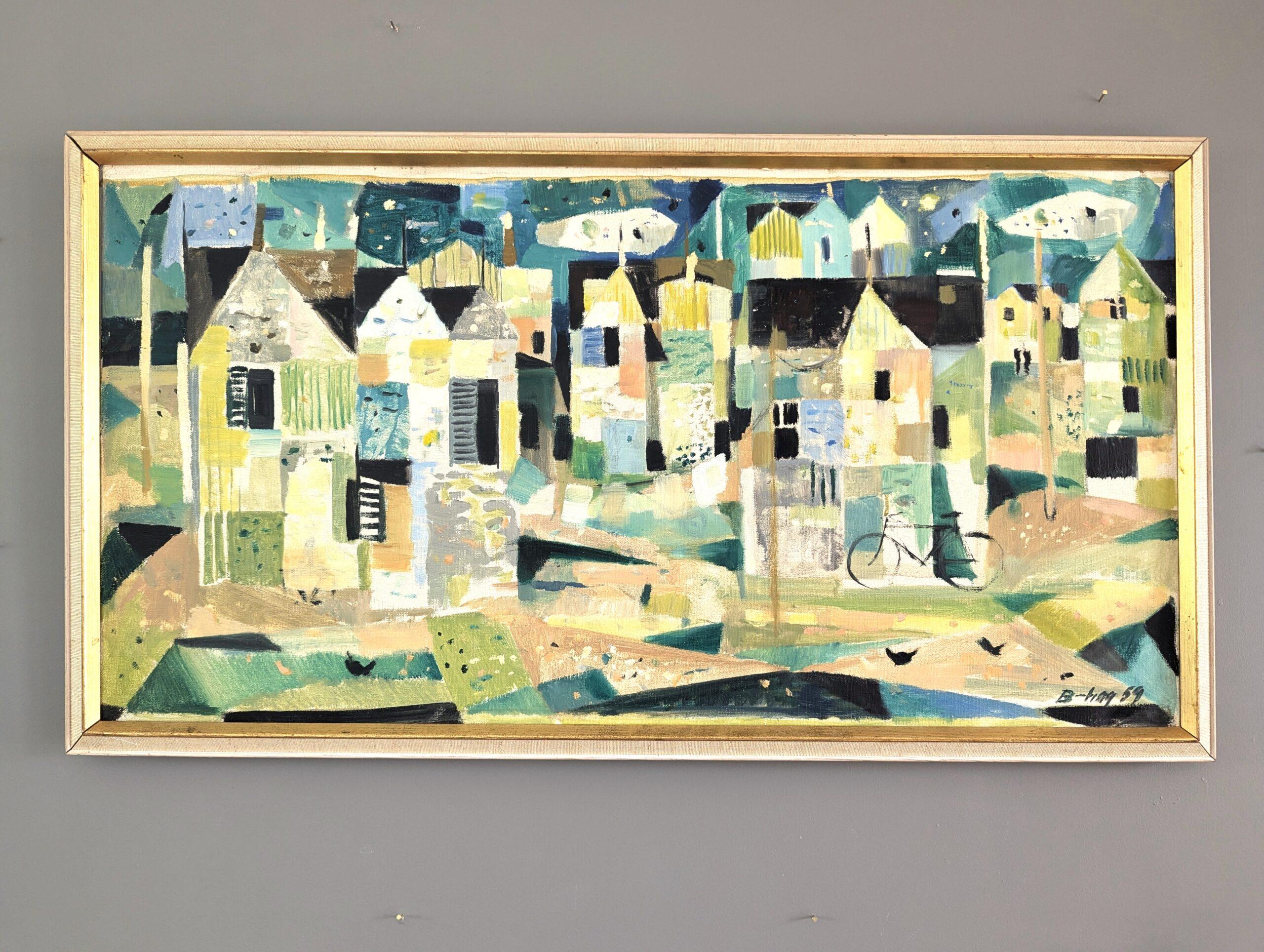 Pintura al óleo vintage modernista de mediados de siglo sobre un paisaje urbano - Barrio geométrico - Painting Geométrico abstracto de Unknown