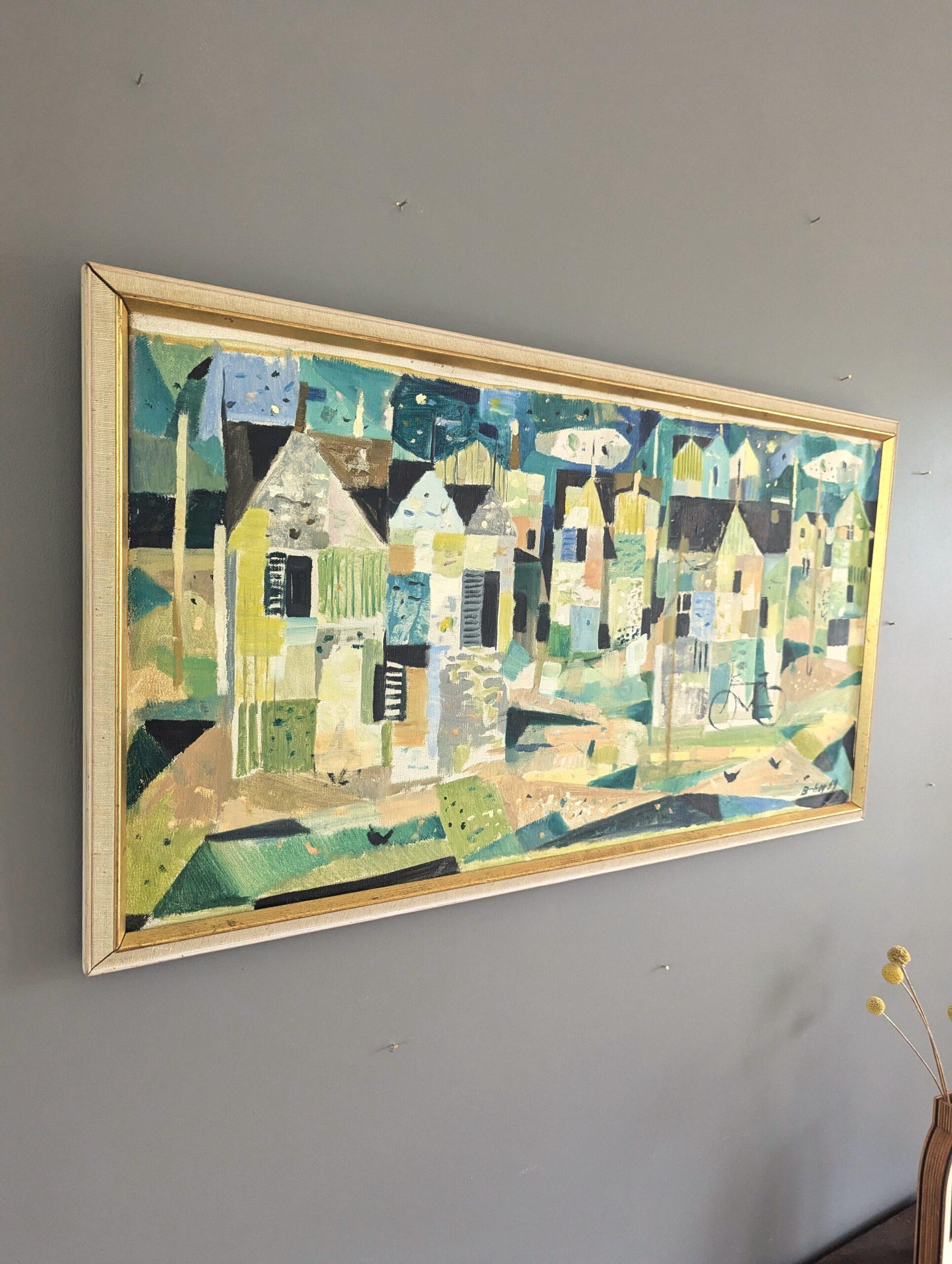 Pintura al óleo vintage modernista de mediados de siglo sobre un paisaje urbano - Barrio geométrico - Landscape Painting Beige de Unknown