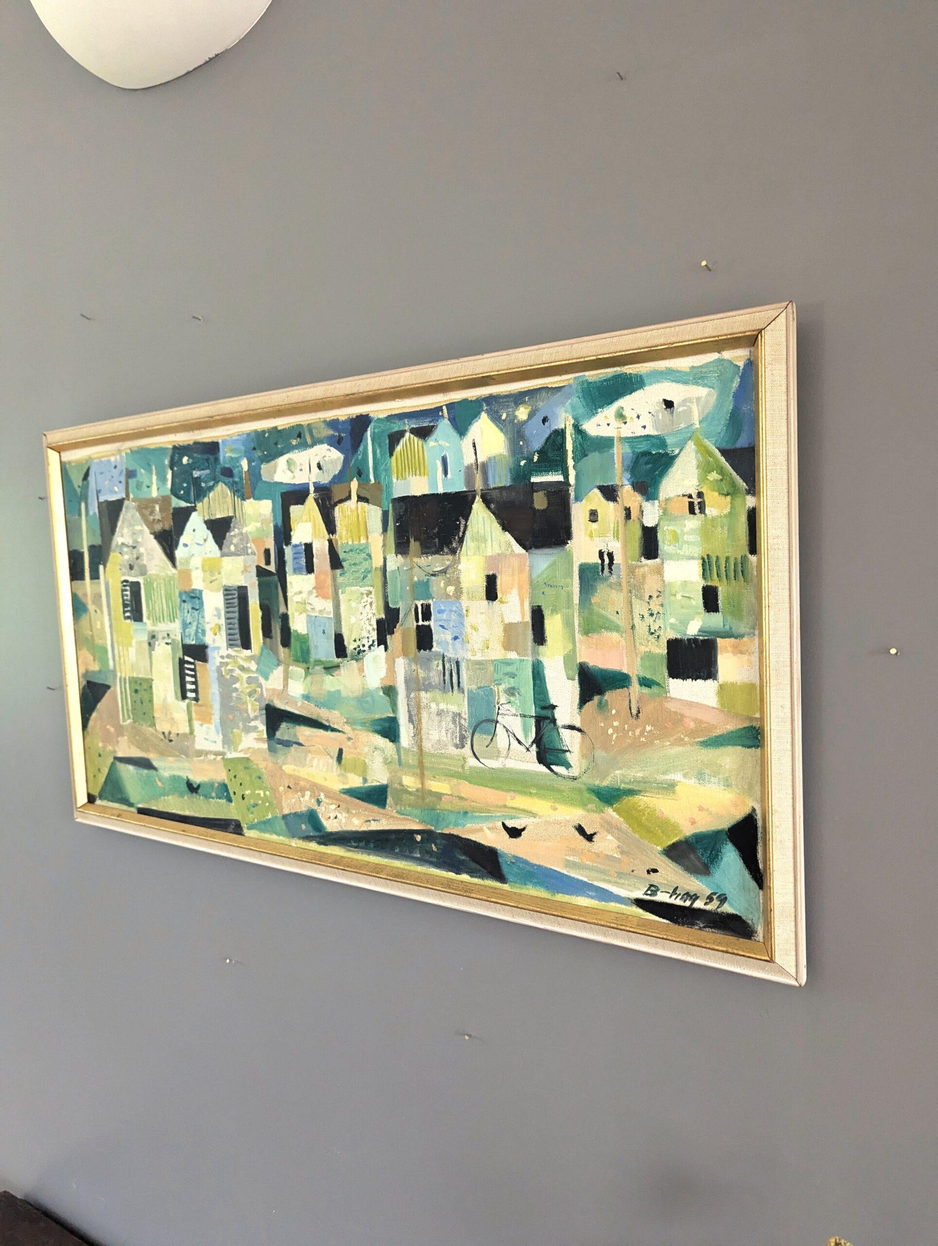 VECINDARIO GEOMÉTRICO
Tamaño: 40 x 72,5 cm (incluido el marco)
Óleo sobre lienzo

Una composición lúdica y brillantemente ejecutada de mediados de siglo sobre un barrio, pintada al óleo sobre lienzo y fechada en 1959.

Con elementos de abstracción