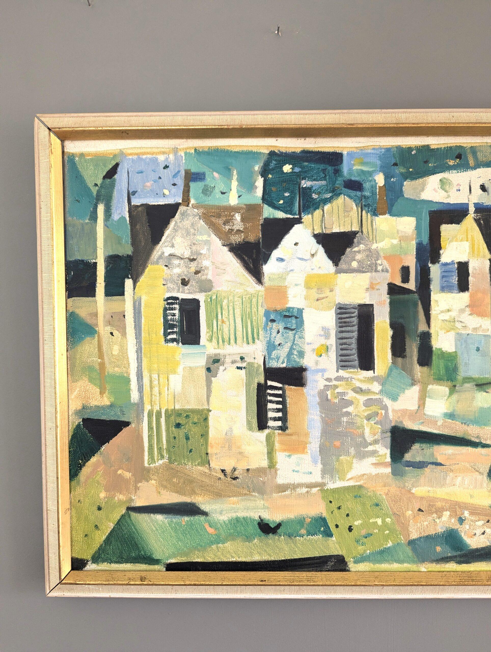 Pintura al óleo vintage modernista de mediados de siglo sobre un paisaje urbano - Barrio geométrico en venta 1