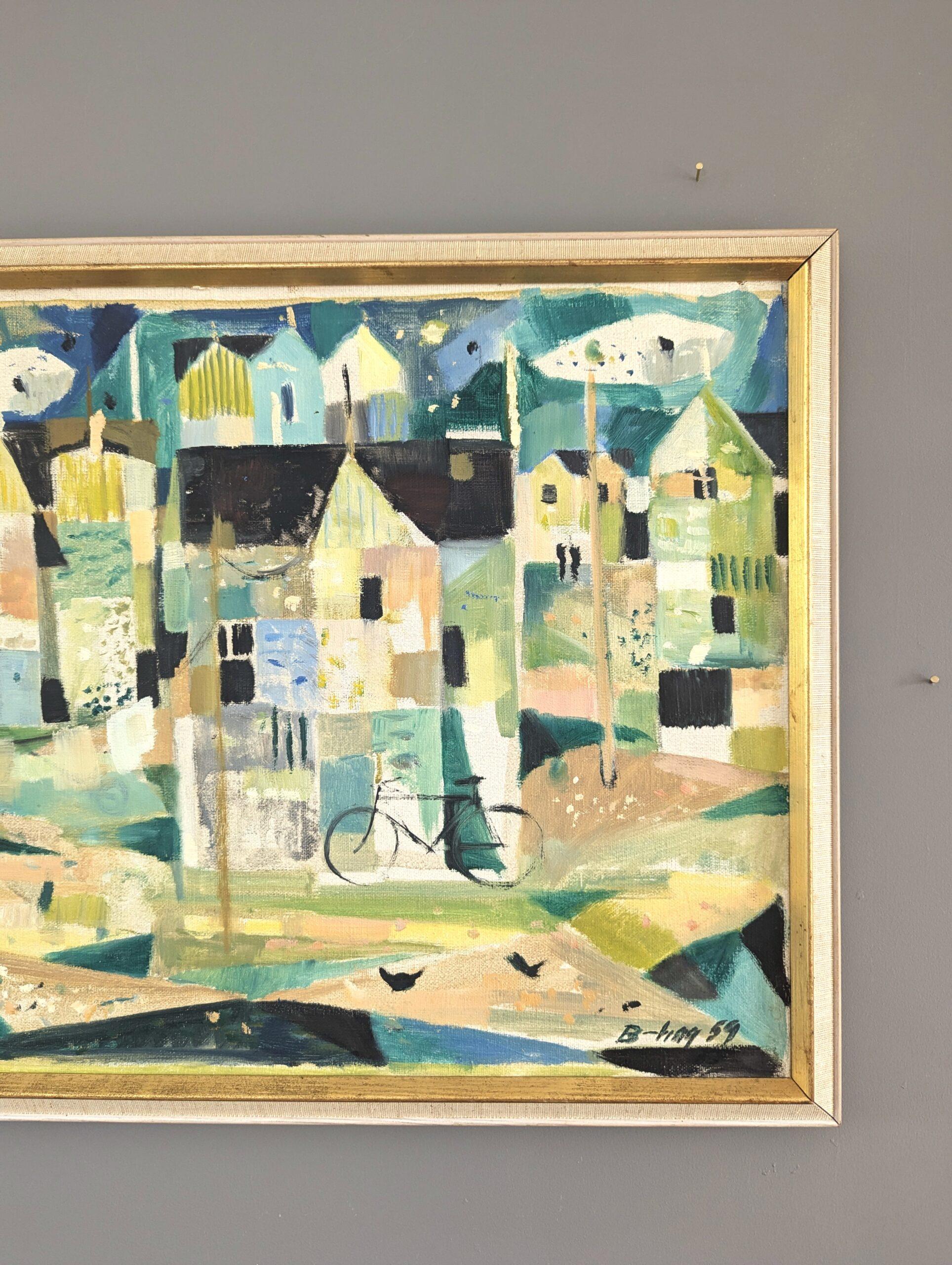 Pintura al óleo vintage modernista de mediados de siglo sobre un paisaje urbano - Barrio geométrico en venta 2