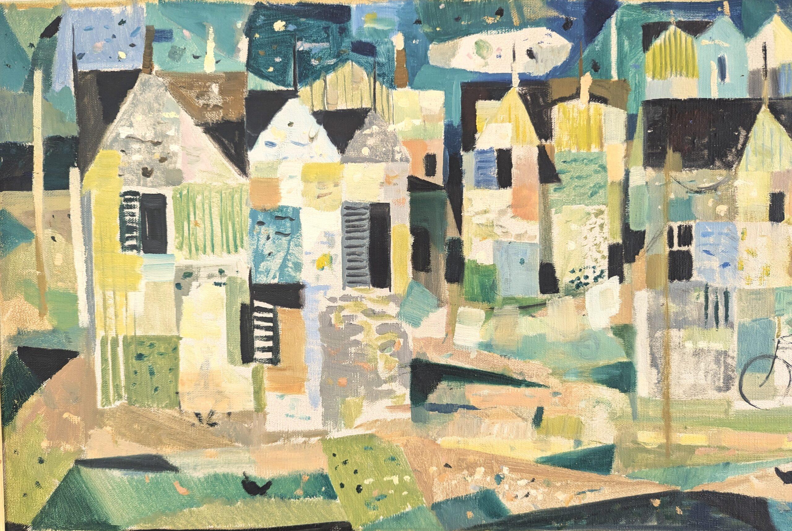 Pintura al óleo vintage modernista de mediados de siglo sobre un paisaje urbano - Barrio geométrico en venta 3
