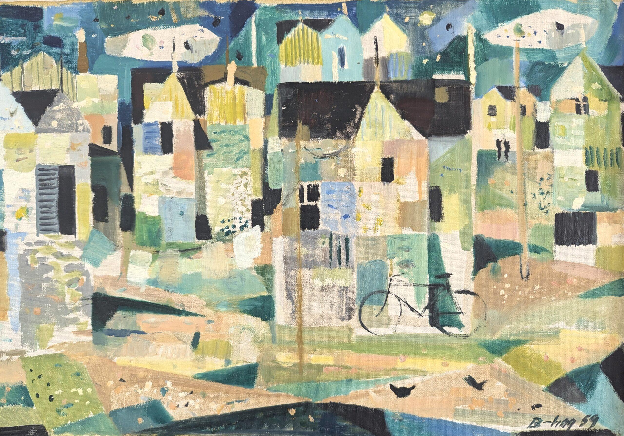 Pintura al óleo vintage modernista de mediados de siglo sobre un paisaje urbano - Barrio geométrico en venta 4