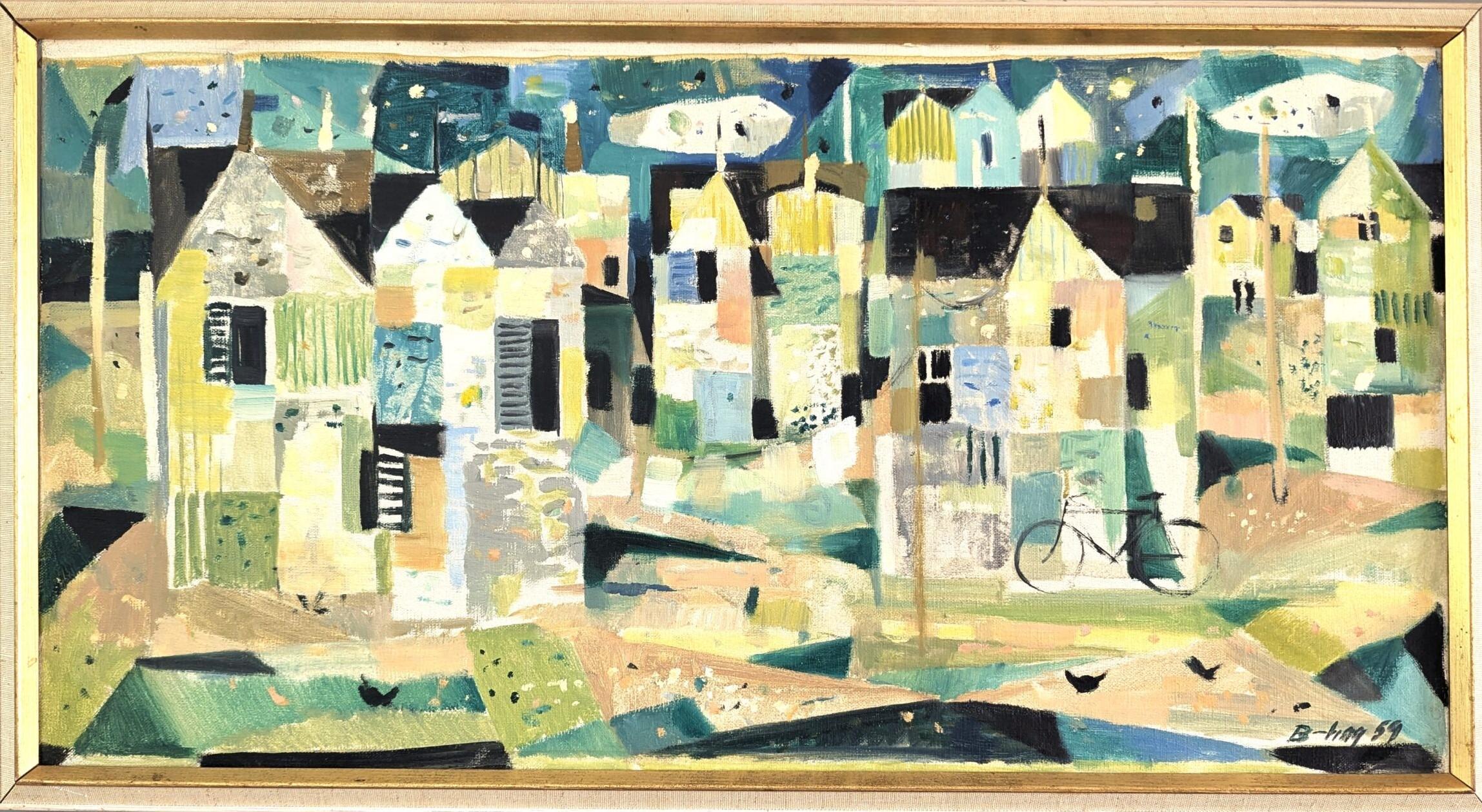 Vintage Mid-Century Modernist Cityscape Oil Painting - Geometric Neighbourhood