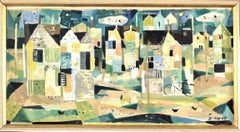 Vintage Mid-Century Modernist Cityscape Oil Painting - Geometric Neighbourhood