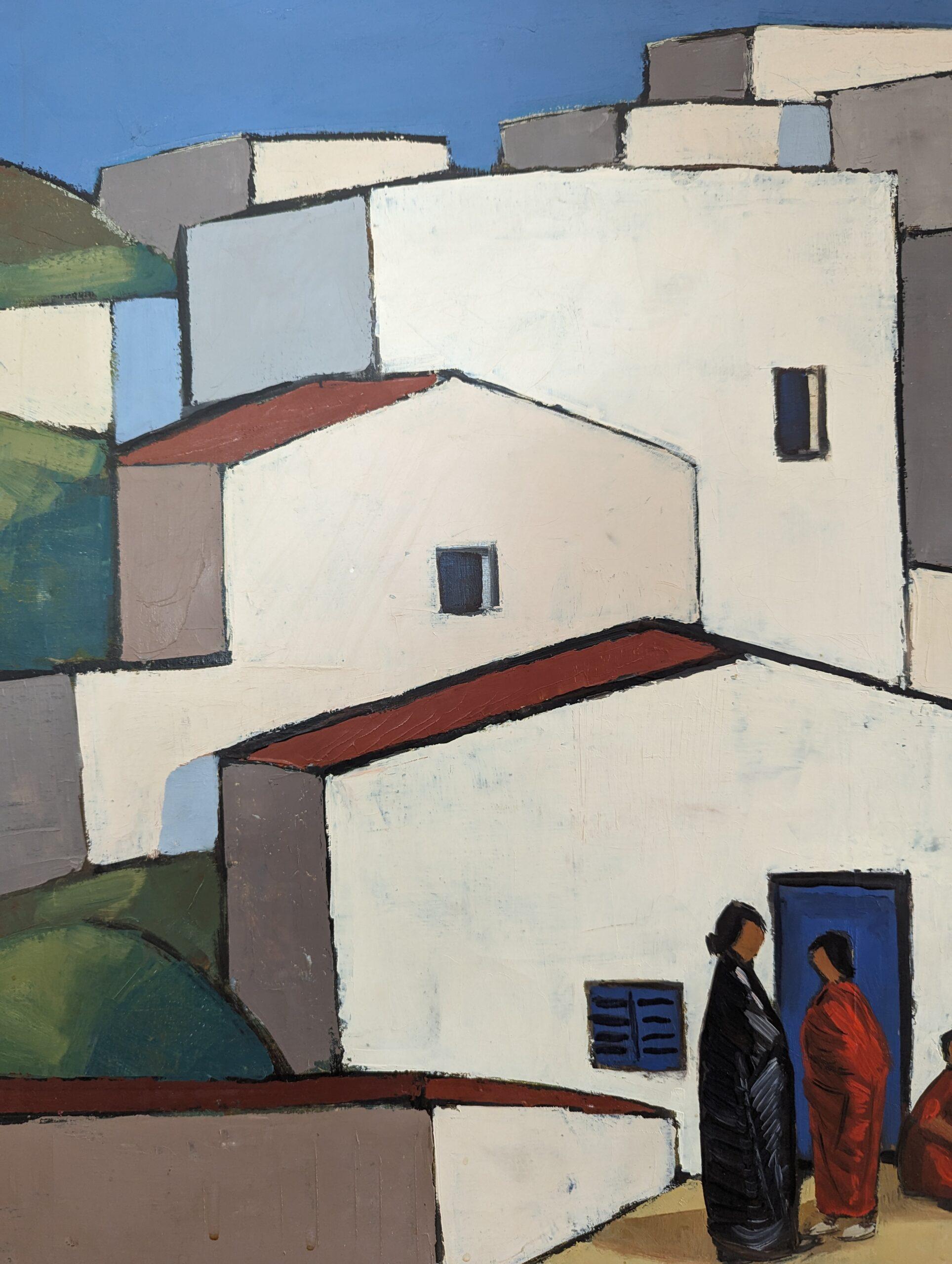 Vintage Mid-Century Modernist Cityscape Oil Painting - Town Blocks 9