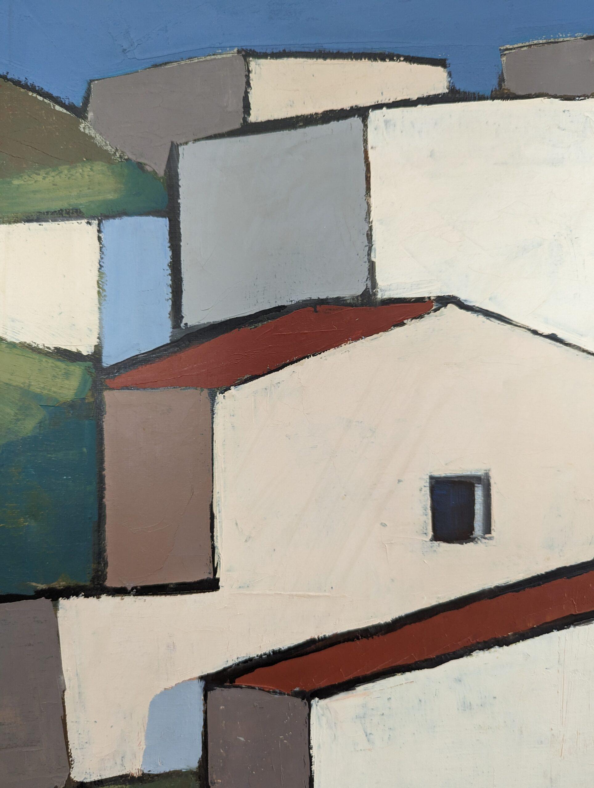 Vintage Mid-Century Modernist Cityscape Oil Painting - Town Blocks 12