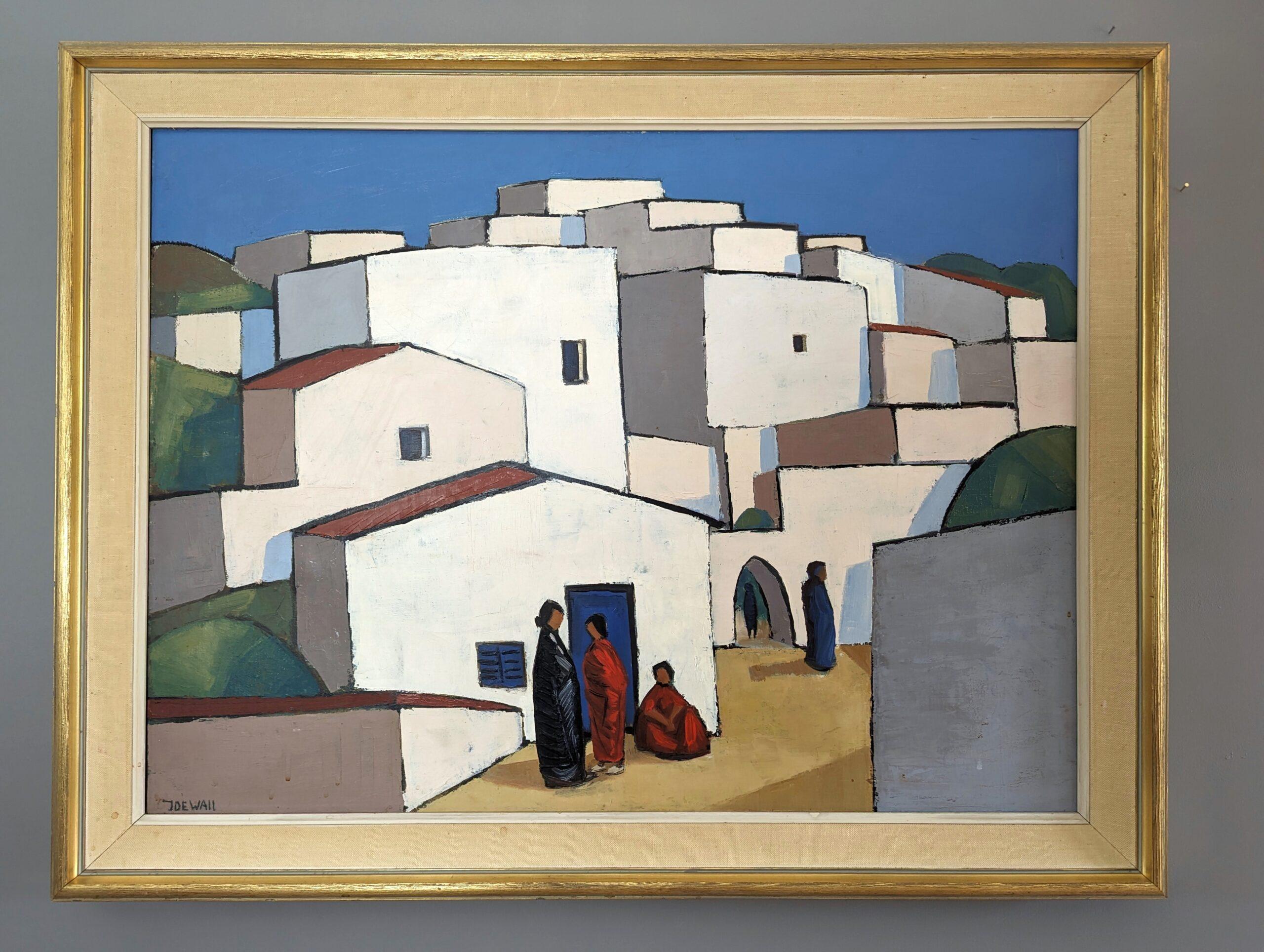 TOWN BLOCKS
Size: 64.5 x 83 cm (including frame)
Oil on Canvas

A large and striking mid-century modernist landscape composition, painted in oil onto canvas.

The artist has taken a geometric approach this painting, using the forms of the white