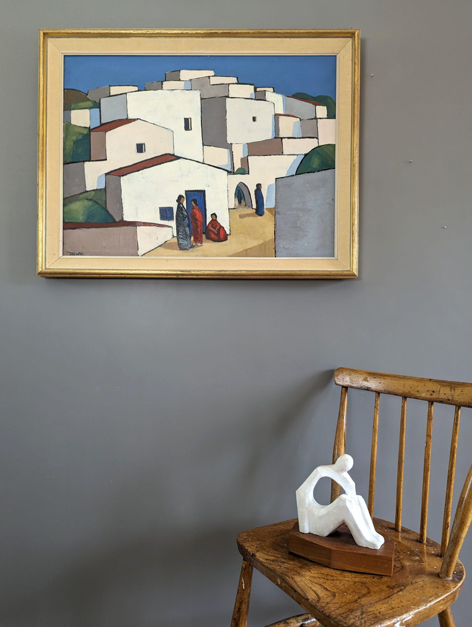 Vintage Mid-Century Modernist Cityscape Oil Painting - Town Blocks 1