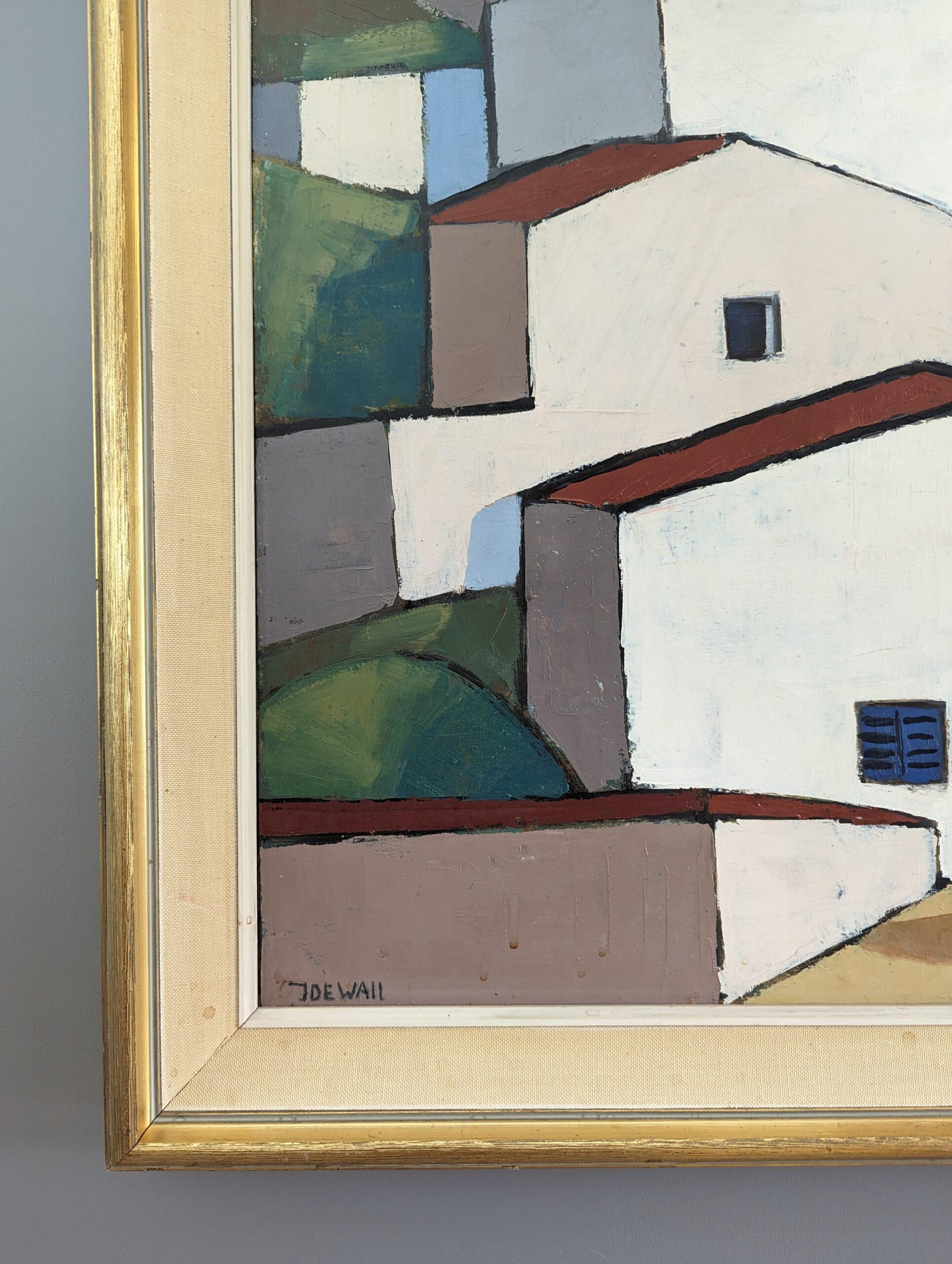 Vintage Mid-Century Modernist Cityscape Oil Painting - Town Blocks 7