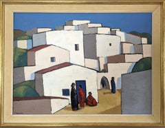 Vintage Mid-Century Modernist Cityscape Oil Painting - Town Blocks