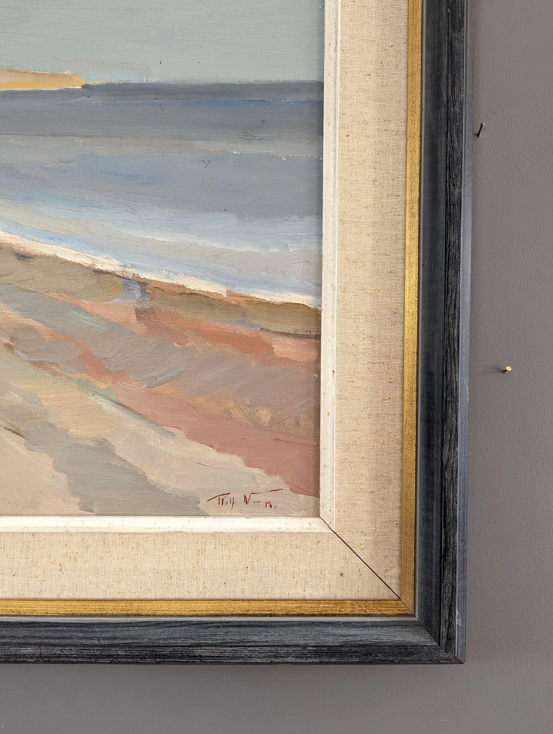 Pittura ad olio d'epoca del paesaggio costiero modernista di metà secolo - Pastel Coastside 7