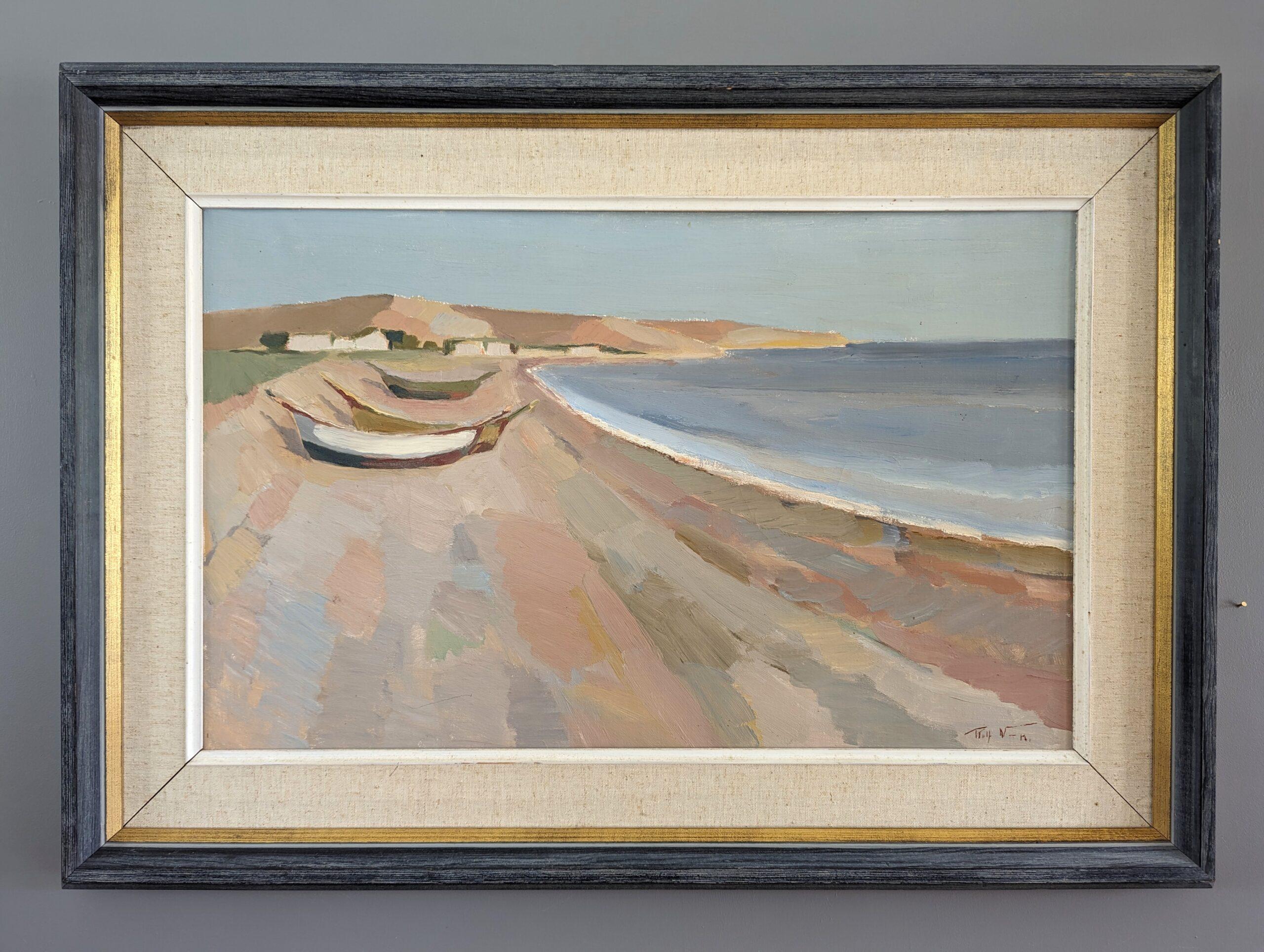 Pittura ad olio d'epoca del paesaggio costiero modernista di metà secolo - Pastel Coastside - Painting di Unknown