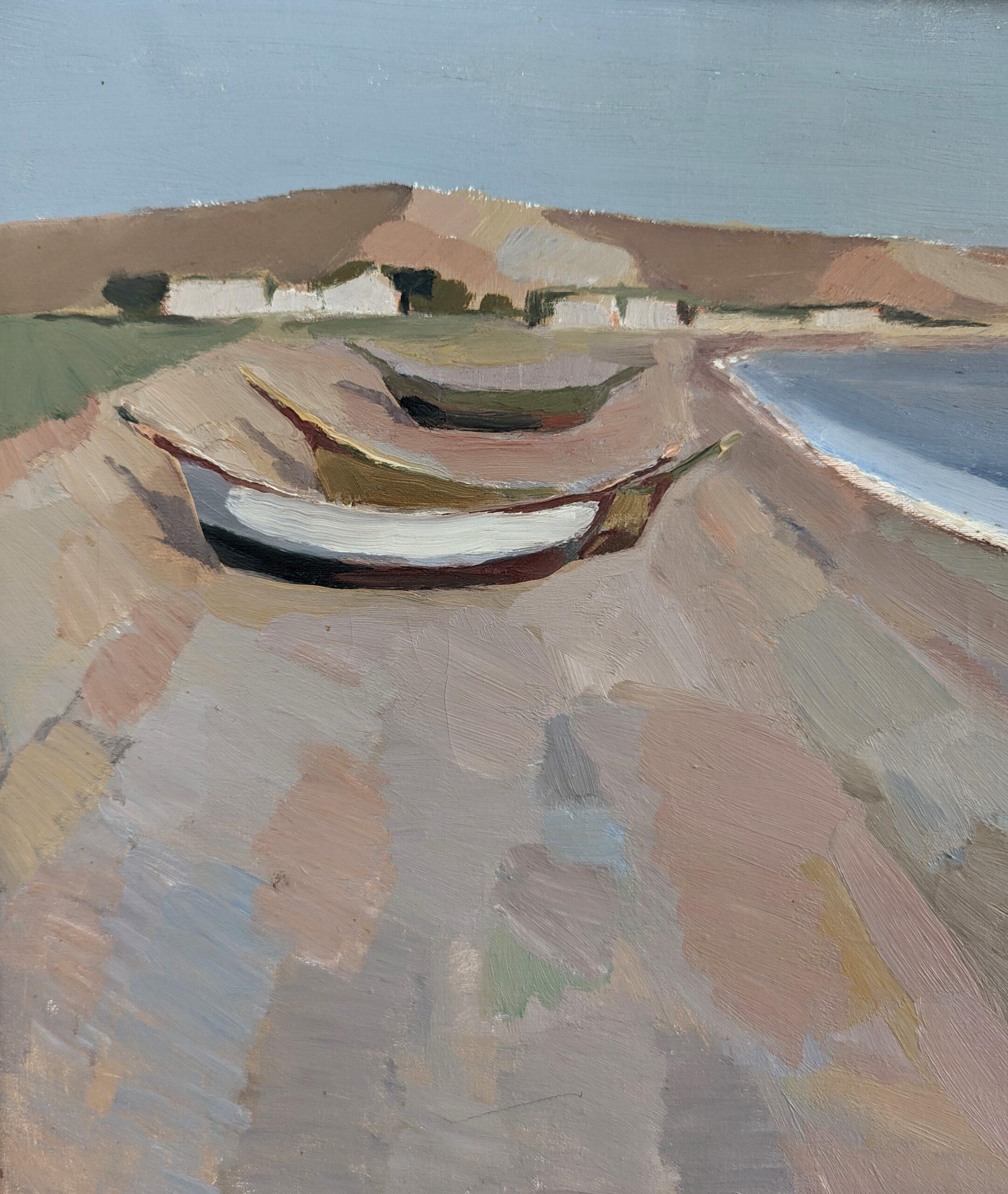 Pittura ad olio d'epoca del paesaggio costiero modernista di metà secolo - Pastel Coastside - Painting Moderno di Unknown