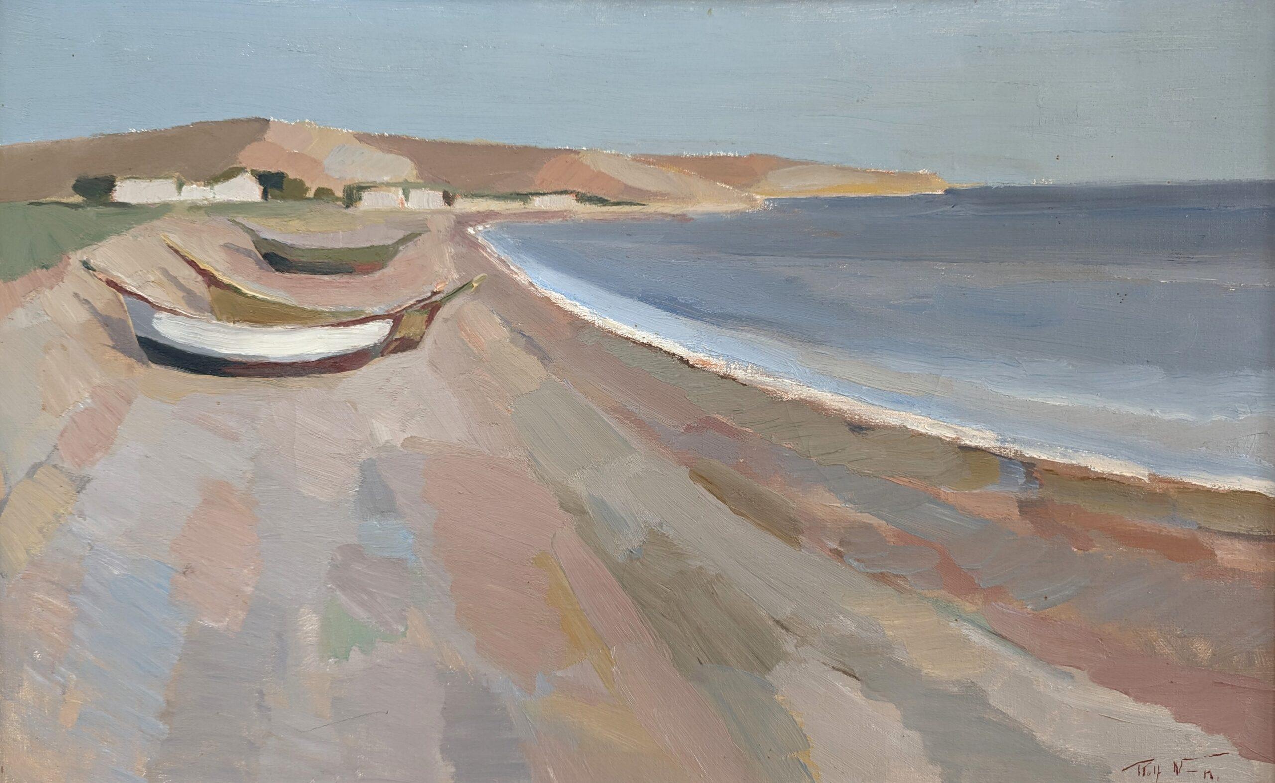 Pittura ad olio d'epoca del paesaggio costiero modernista di metà secolo - Pastel Coastside 1