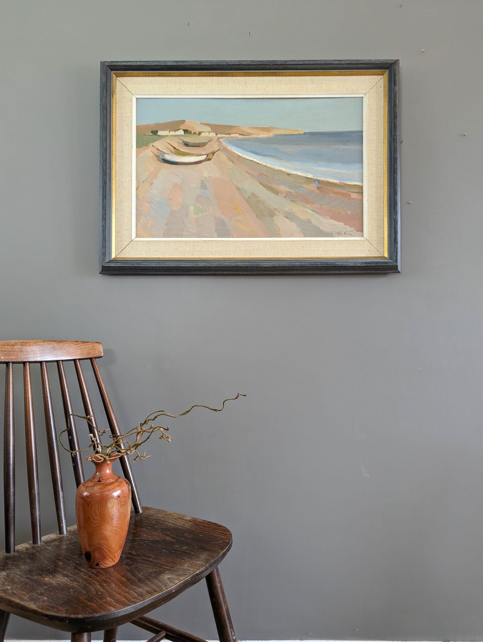 Pittura ad olio d'epoca del paesaggio costiero modernista di metà secolo - Pastel Coastside 3