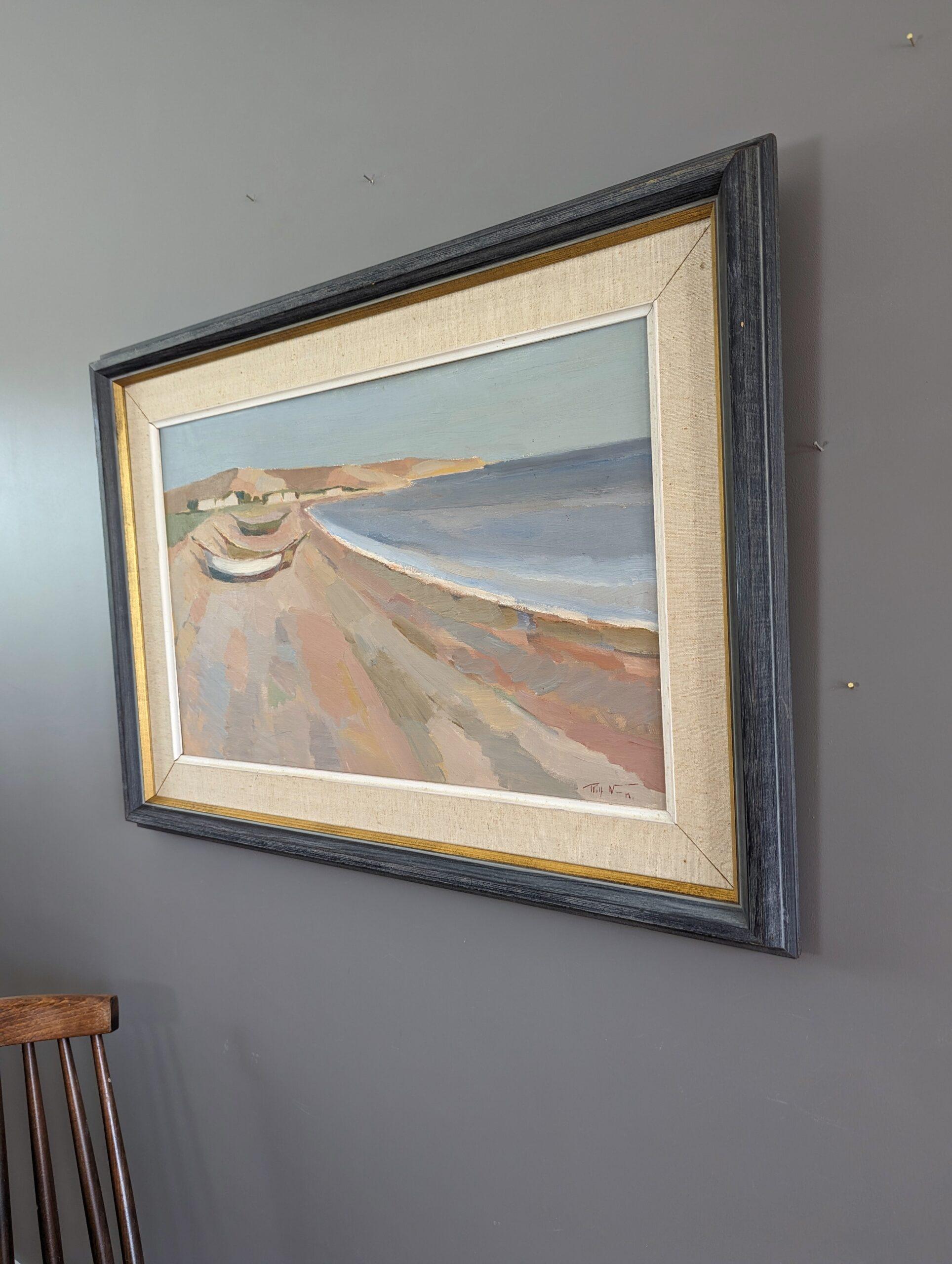 Pittura ad olio d'epoca del paesaggio costiero modernista di metà secolo - Pastel Coastside 4