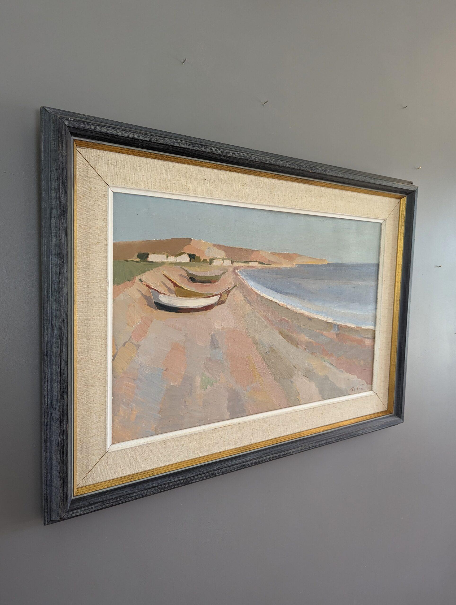 Pittura ad olio d'epoca del paesaggio costiero modernista di metà secolo - Pastel Coastside 5