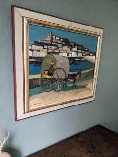 Vintage Mid-Century Modernist Coastal Oil Painting - Donkey Cart, Framed