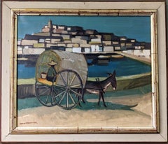 Retro Mid-Century Modernist Coastal Oil Painting - Donkey Cart, Framed