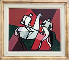 Vintage Mid-Century Modernist Framed Geometric Abstract Oil Painting - Horseman